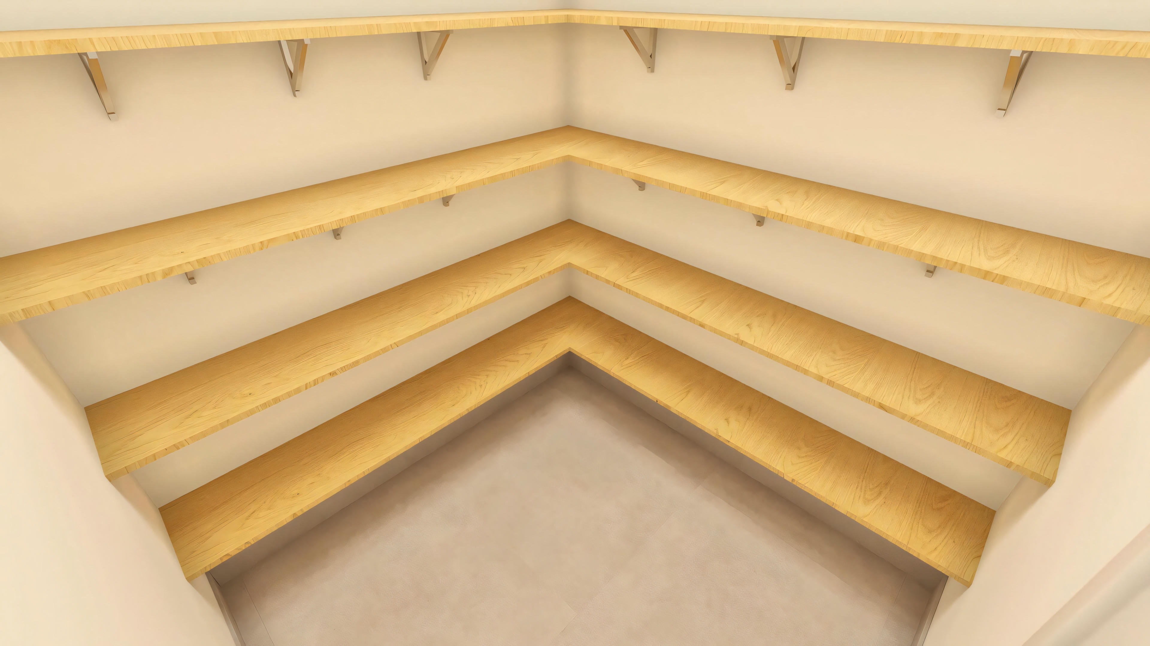 Espaço de armazenamento interno, como despensa ou closet, no projeto do sobrado, equipado com prateleiras de canto em madeira clara.