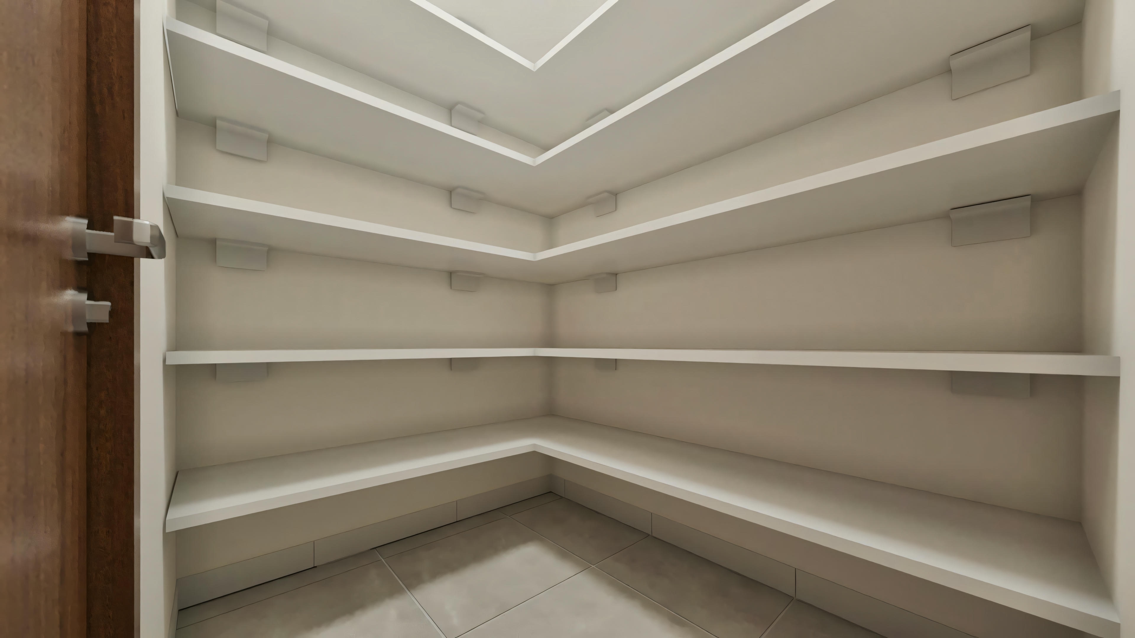 Despensa funcional con estantes blancos en L y piso cerámico, detalle interno del proyecto de casa moderna de 555.9m².