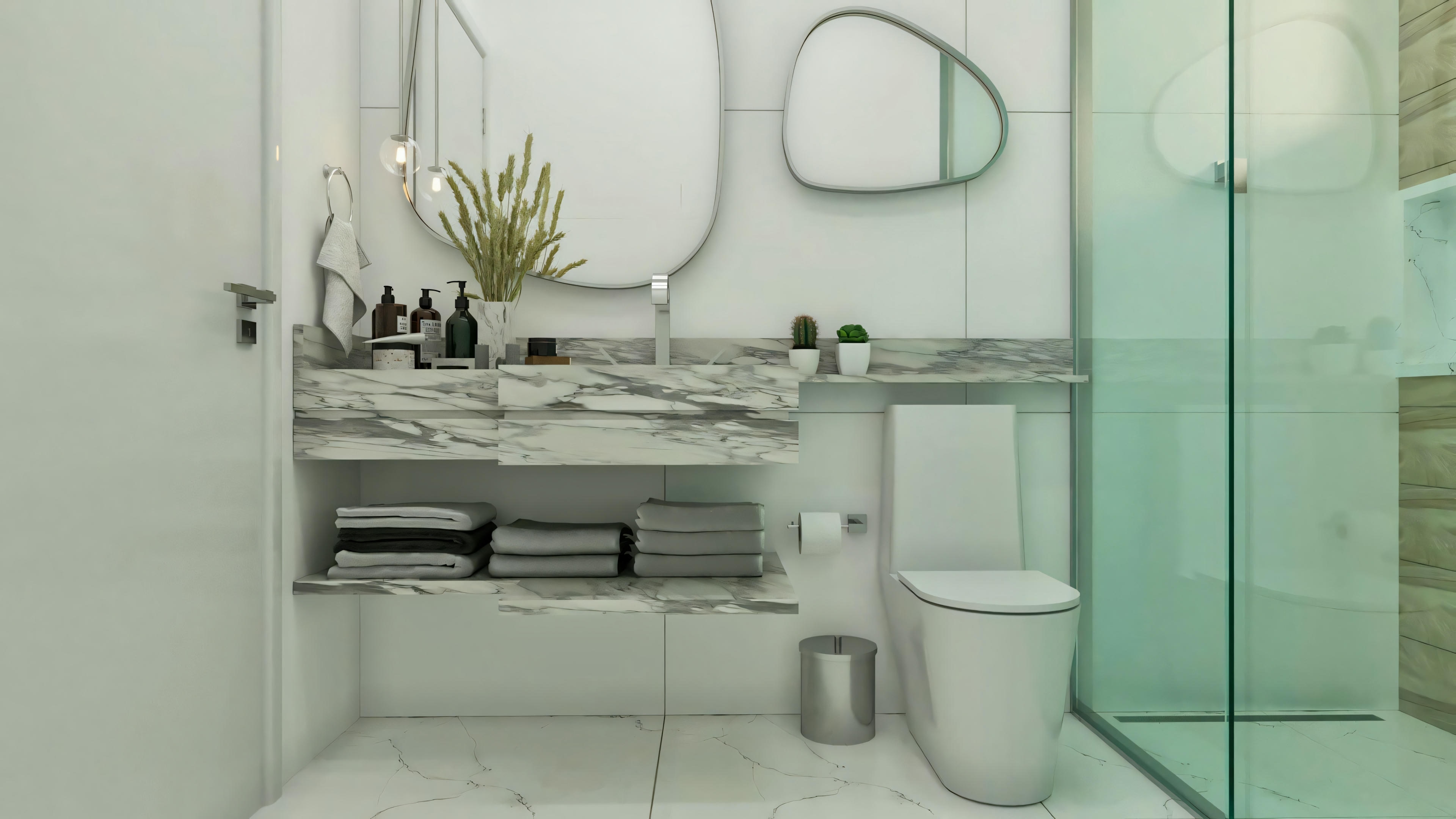 Despensa funcional con estanterías blancas en L y piso cerámico, detalle interno del proyecto de casa moderna de 555.9m².