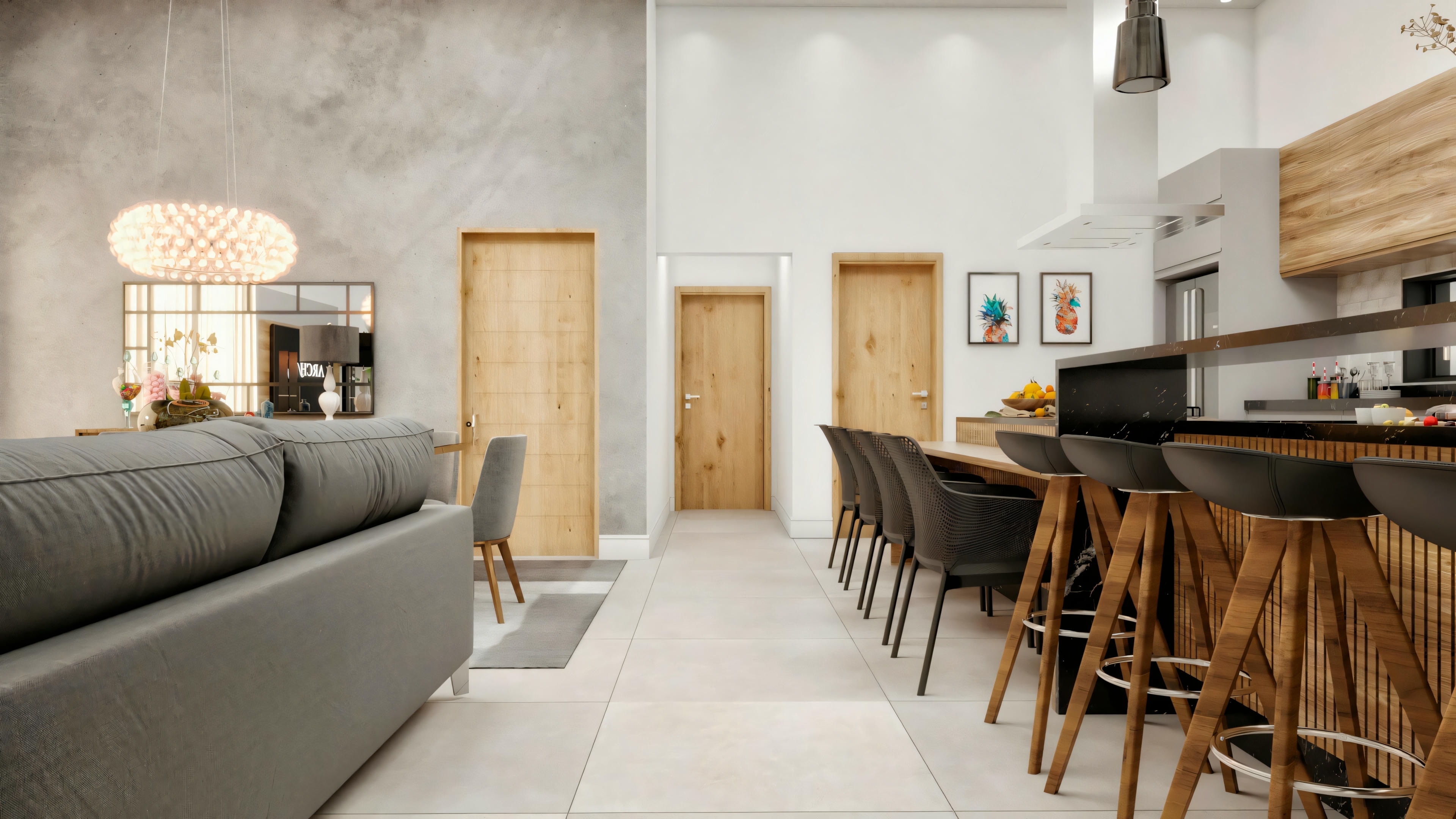 Detalhe da cozinha americana em casa de campo, com bancada alta, banquetas de madeira e armários planejados.