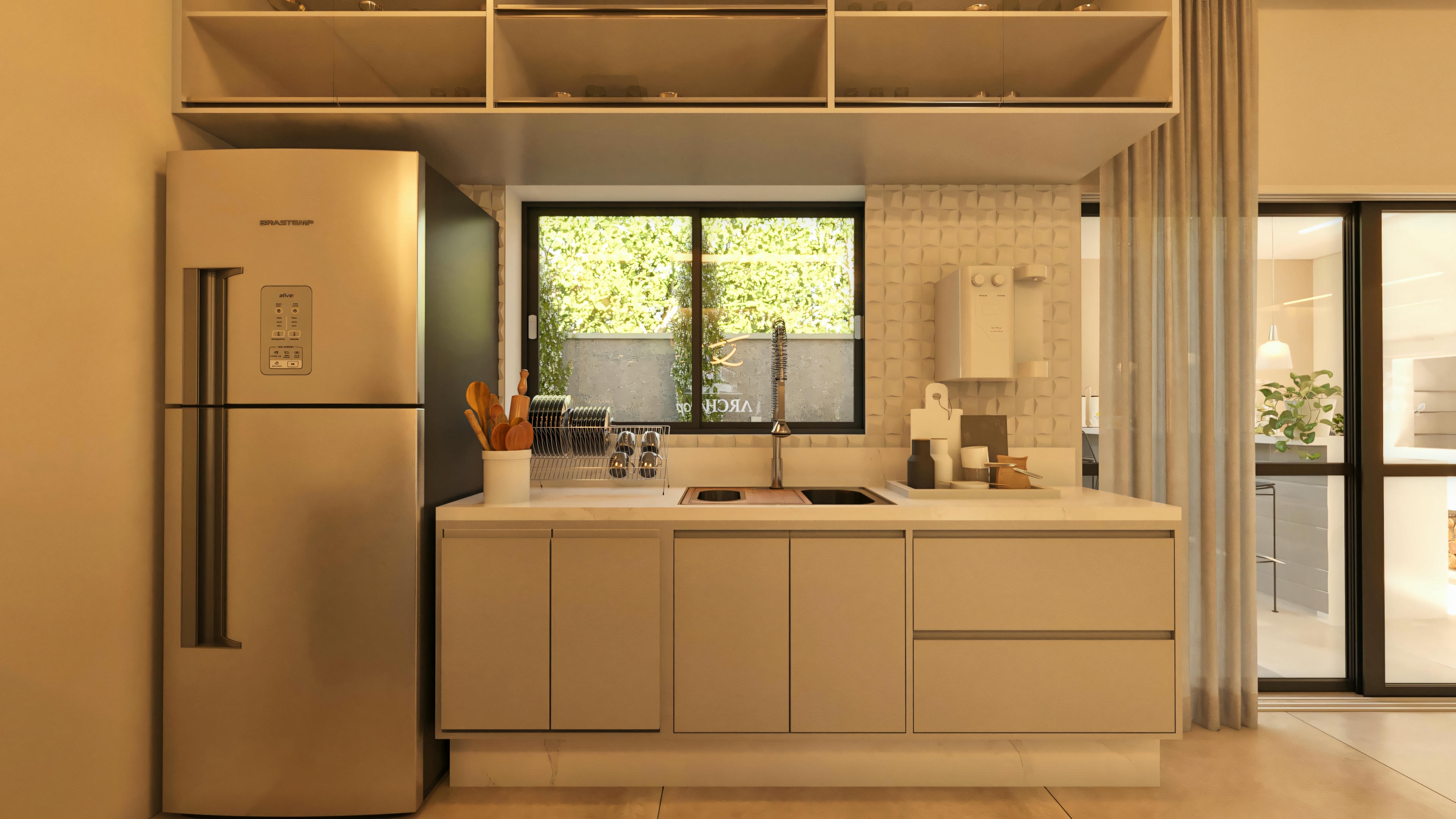 Vista detallada de la encimera de la cocina planificada en casa de dos plantas moderna, incluyendo fregadero, grifo, armarios, frigorífico y ventana. Diseño funcional y limpio.