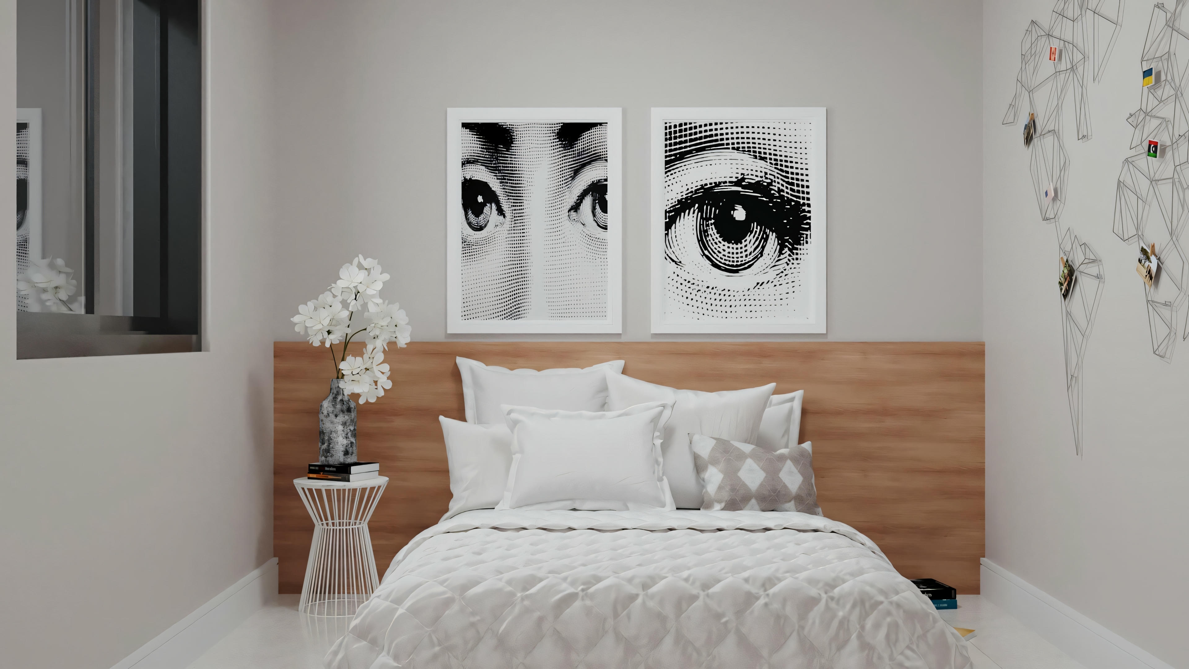 Un dormitorio con una cama grande con ropa de cama blanca, paredes revestidas de madera y una obra de arte con ojos sobre la cama.