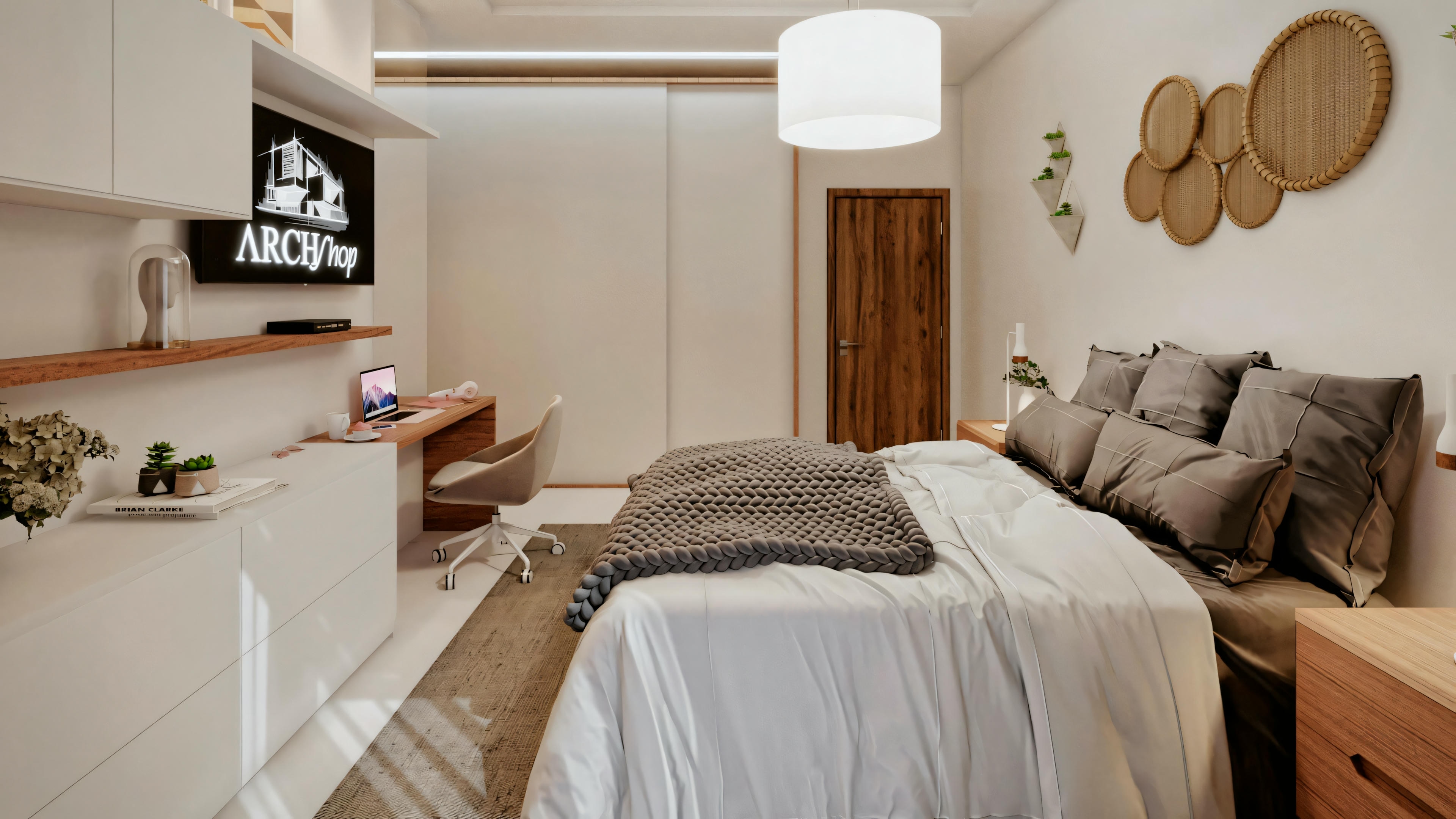 Un dormitorio con una cama, mesa de noche y decoración minimalista. La cama tiene ropa de cama clara y hay una lámpara en la mesa de noche.