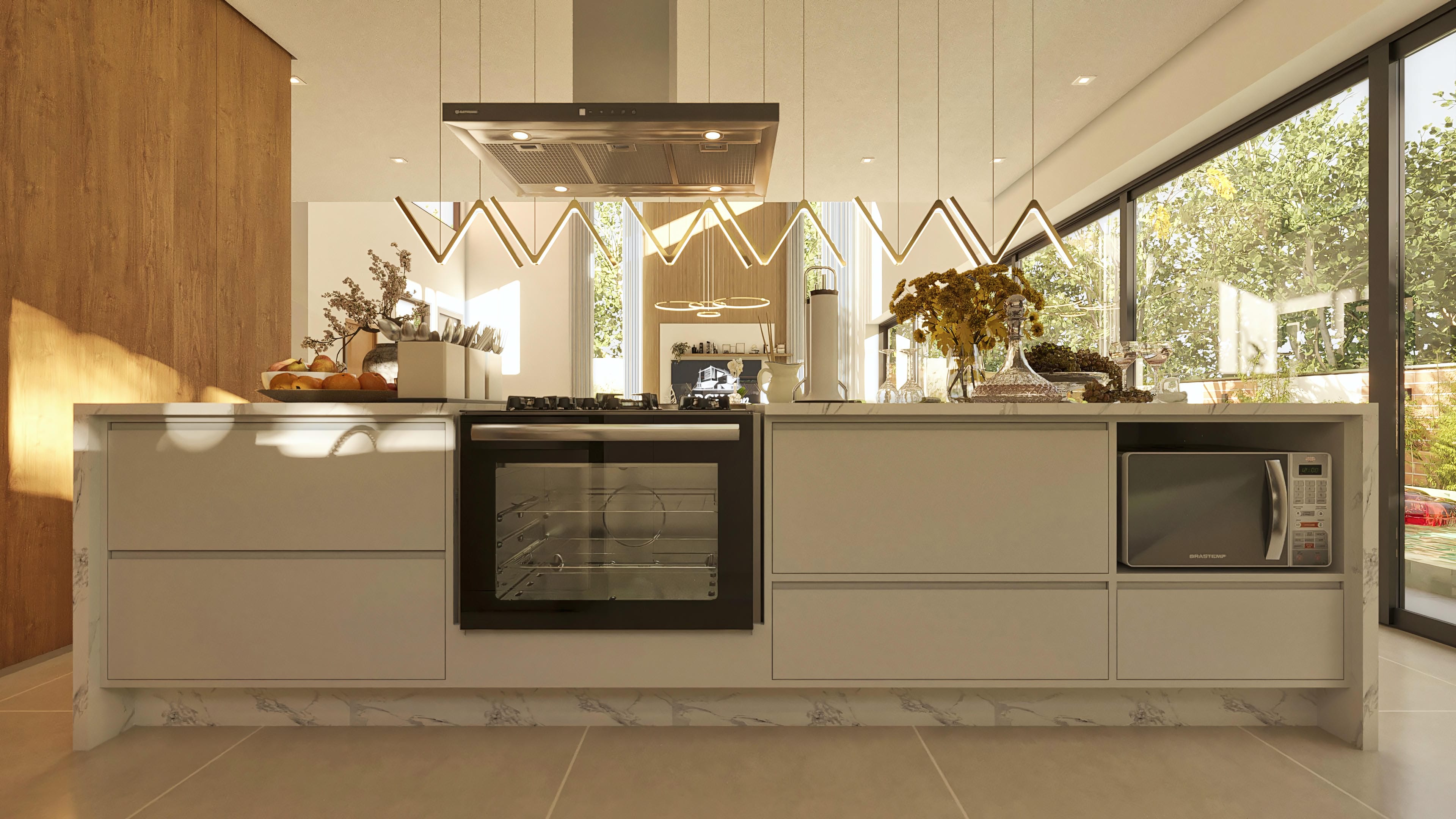 Modern gourmet kitchen with marble counter, light cabinets, built-in oven, microwave, and decorative lighting. Wood cladding complements the design.