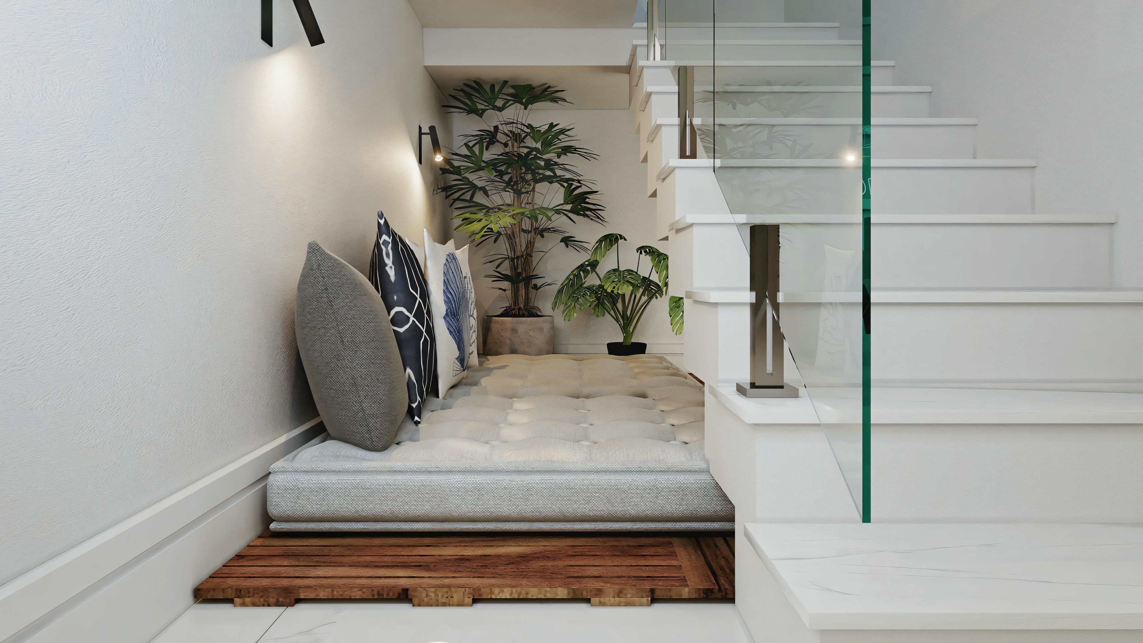 Una escalera interior con esquema de colores blanco, escalones de madera y barandilla de vidrio, que lleva al piso superior de una casa moderna.