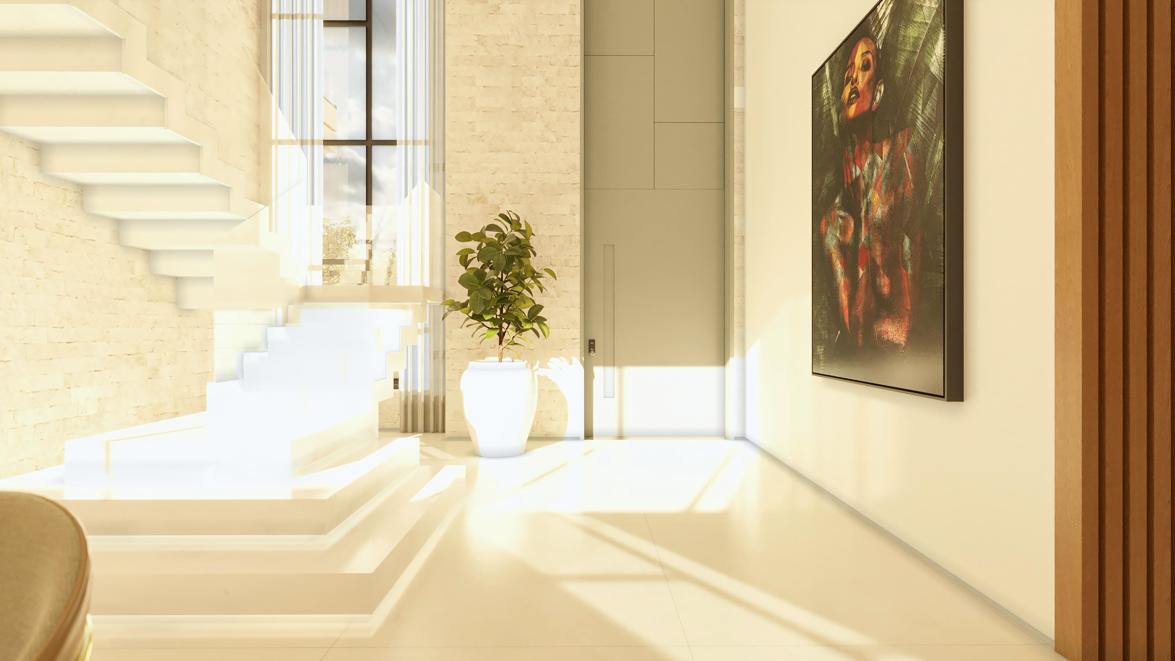 Interior de casa de dos plantas moderna con escalera flotante en tonos claros, pared de ladrillo visto beige y puerta de madera entablillada.