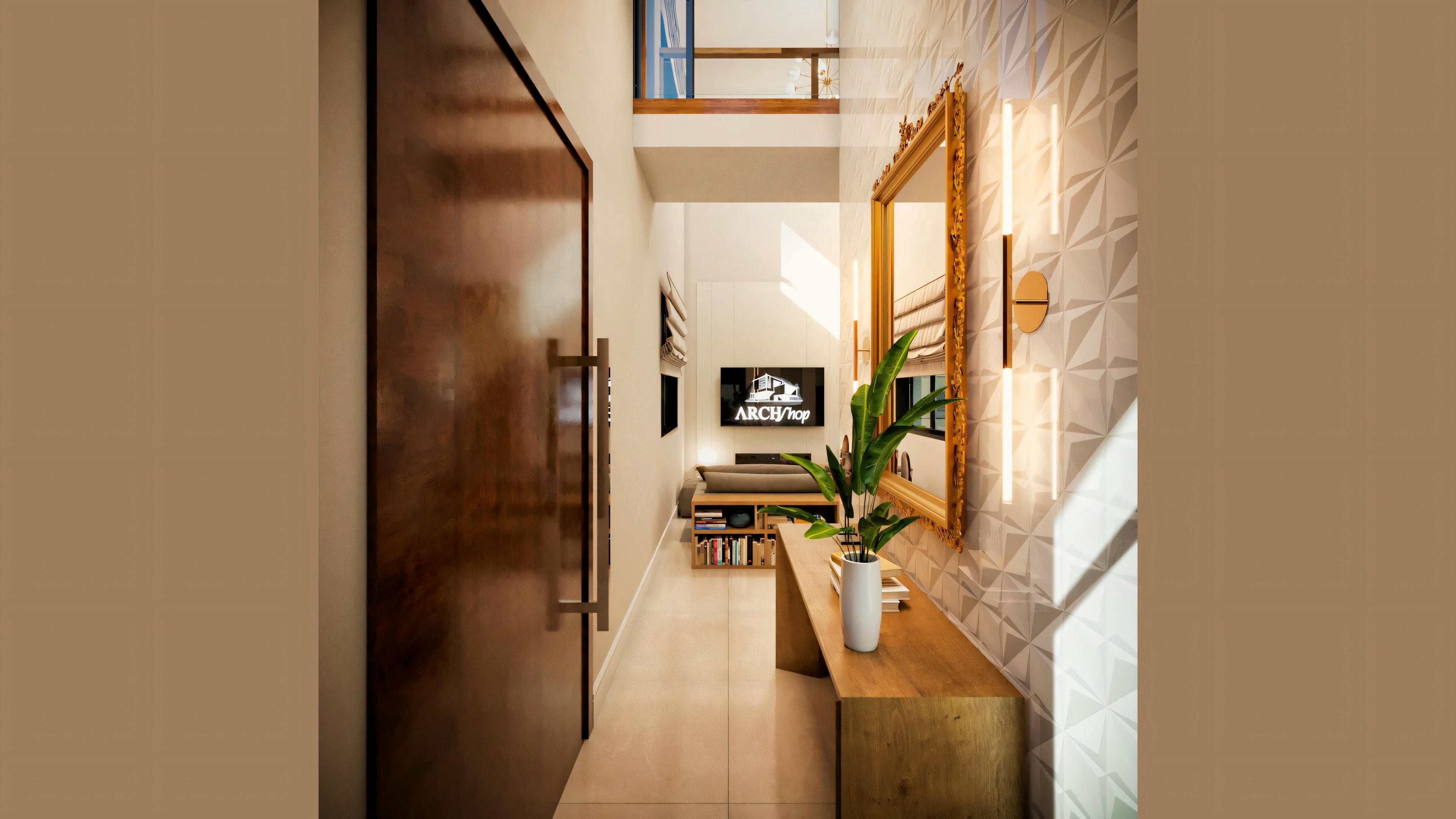 Espacio interior con escalera, escritorio con computadora y estanterías con libros, lo que sugiere una oficina en casa.