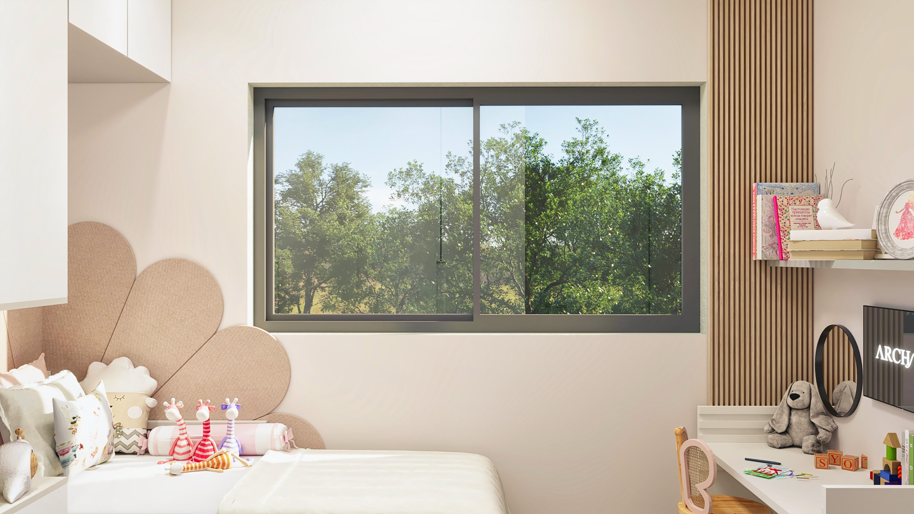 Detalle de habitación infantil con cama, estantes de madera listonada, espejo y ventana amplia con vista a los árboles.