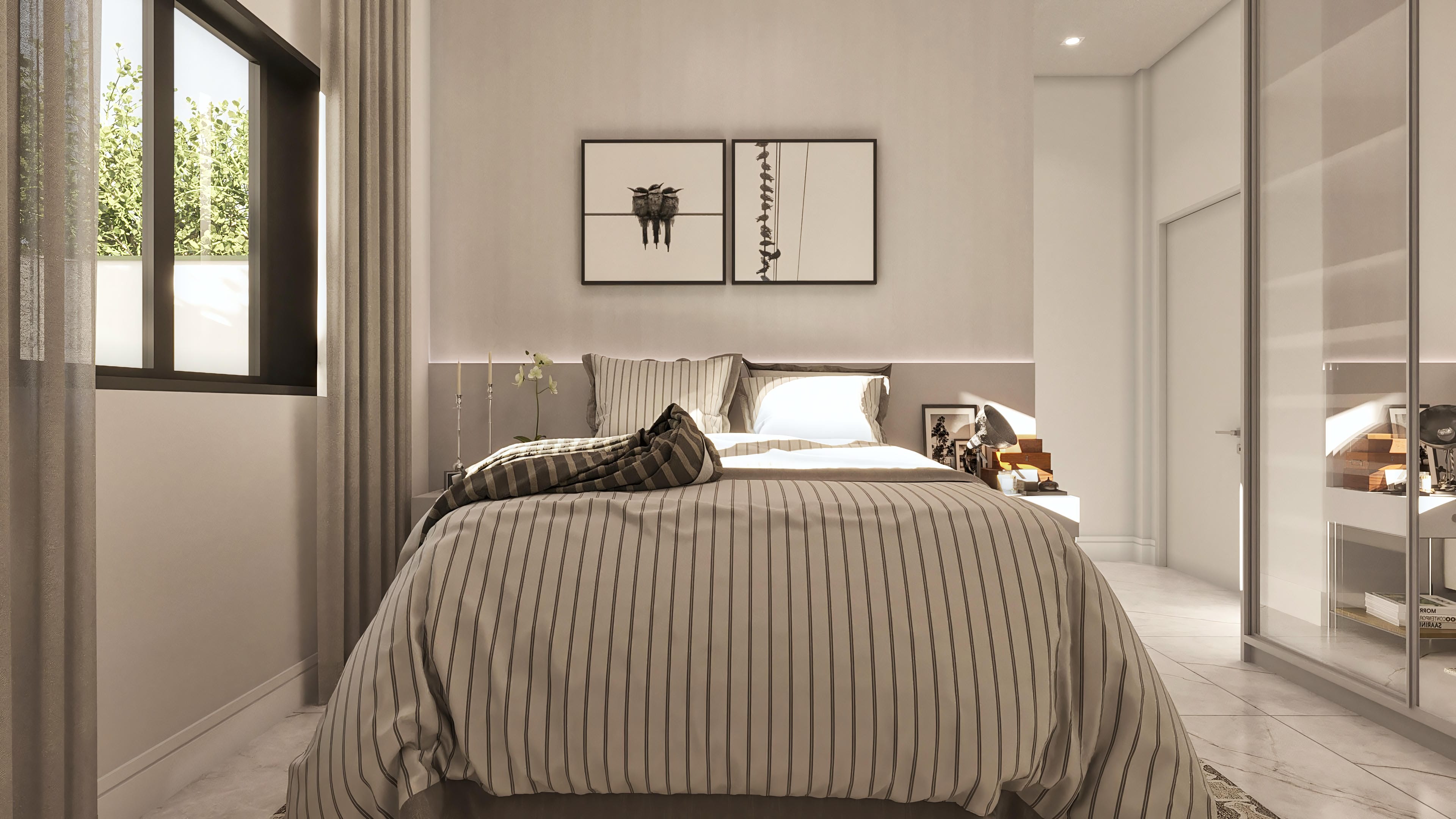 Interior de habitación con cama king-size con sábanas a rayas, cabecero minimalista, obras de arte abstractas y ventana amplia con vista al área verde.