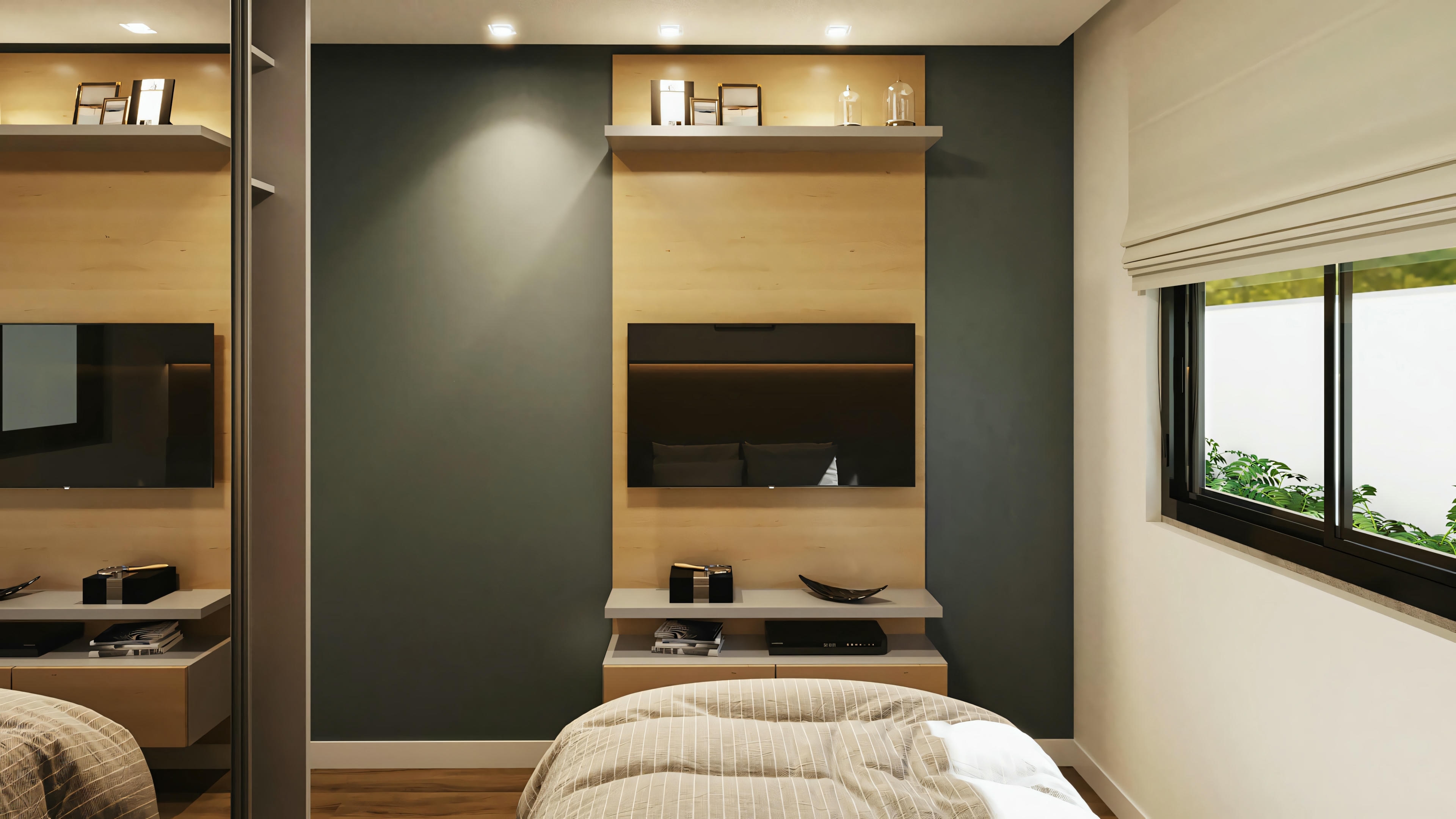 Habitación con cama grande, paredes oscuras e iluminación ambiental, con ventana que muestra vegetación exterior.