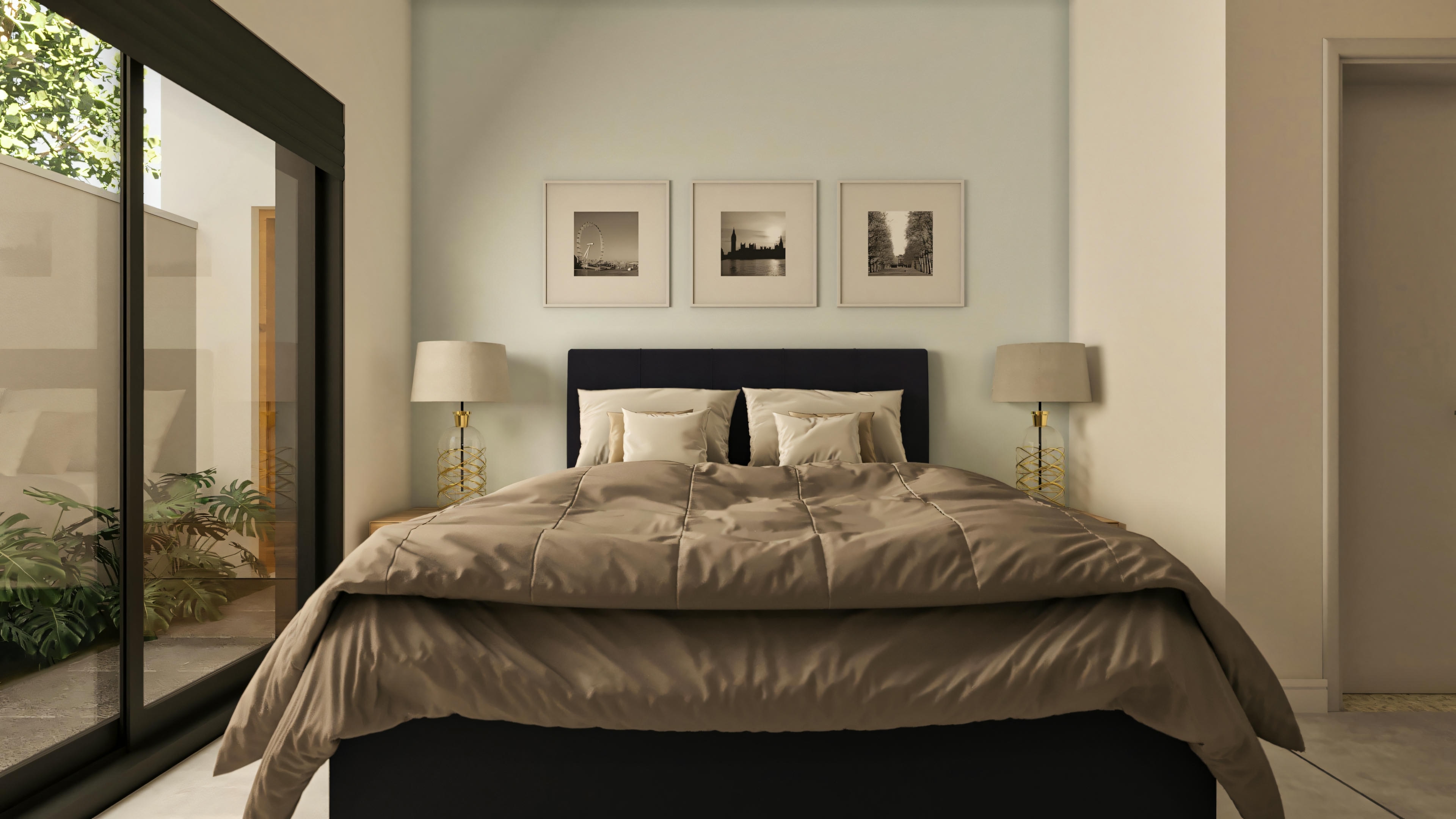 Master bedroom (suite) in a high-standard 5-suite house. Environment features a bed with a dark upholstered headboard, side tables with lamps, paintings on the wall, and a glass door to an internal garden/patio.