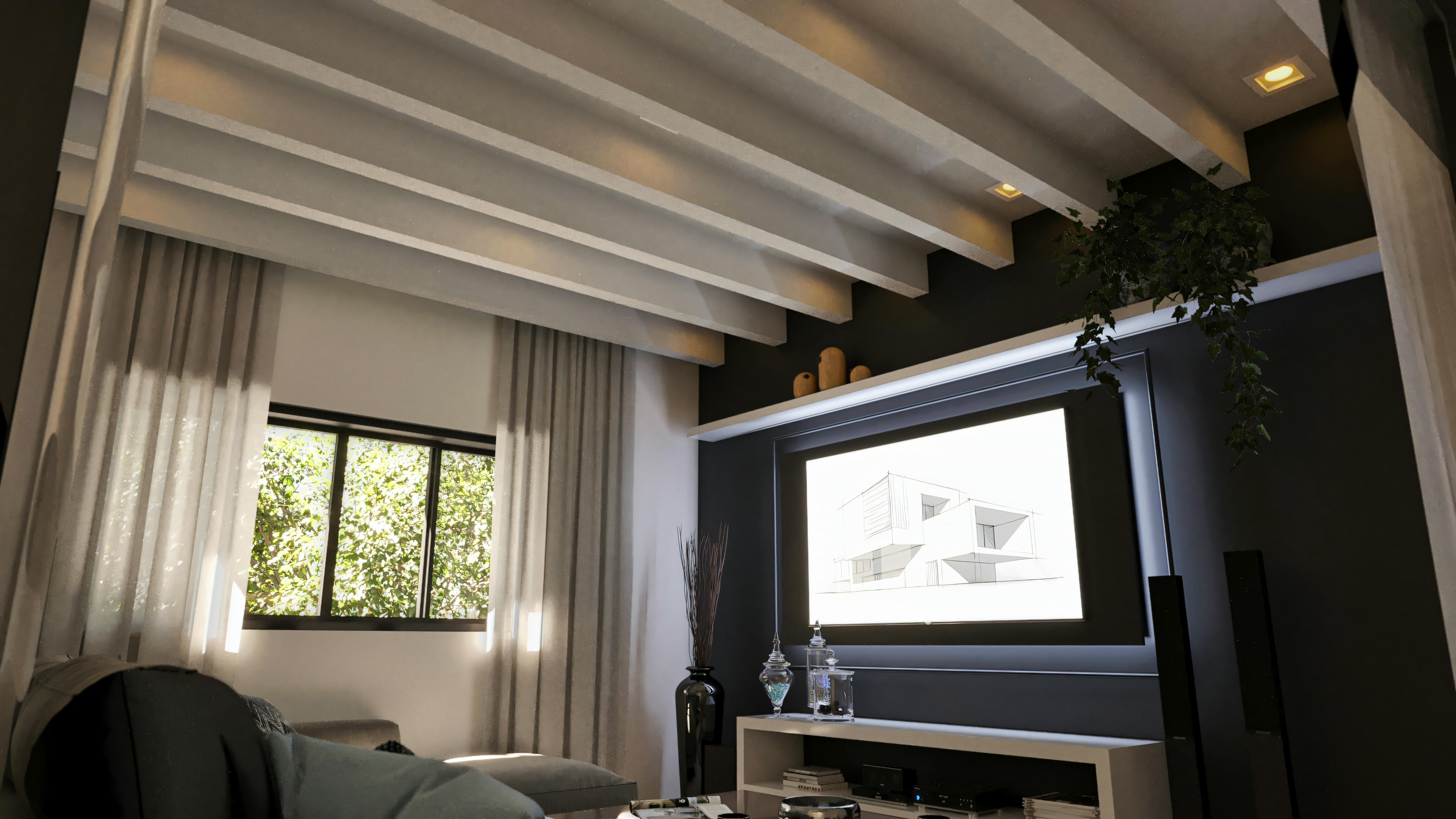 Home theater en proyecto de casa moderna con 394.84m², 4 suites y piscina. Sala con techo trabajado con vigas blancas aparentes e iluminación empotrada (spots), gran pantalla de proyección exhibiendo boceto arquitectónico, estante bajo de color blanco, paredes oscuras y ventana con cortinas translúcidas. Detalle para planta colgante en el estante superior.