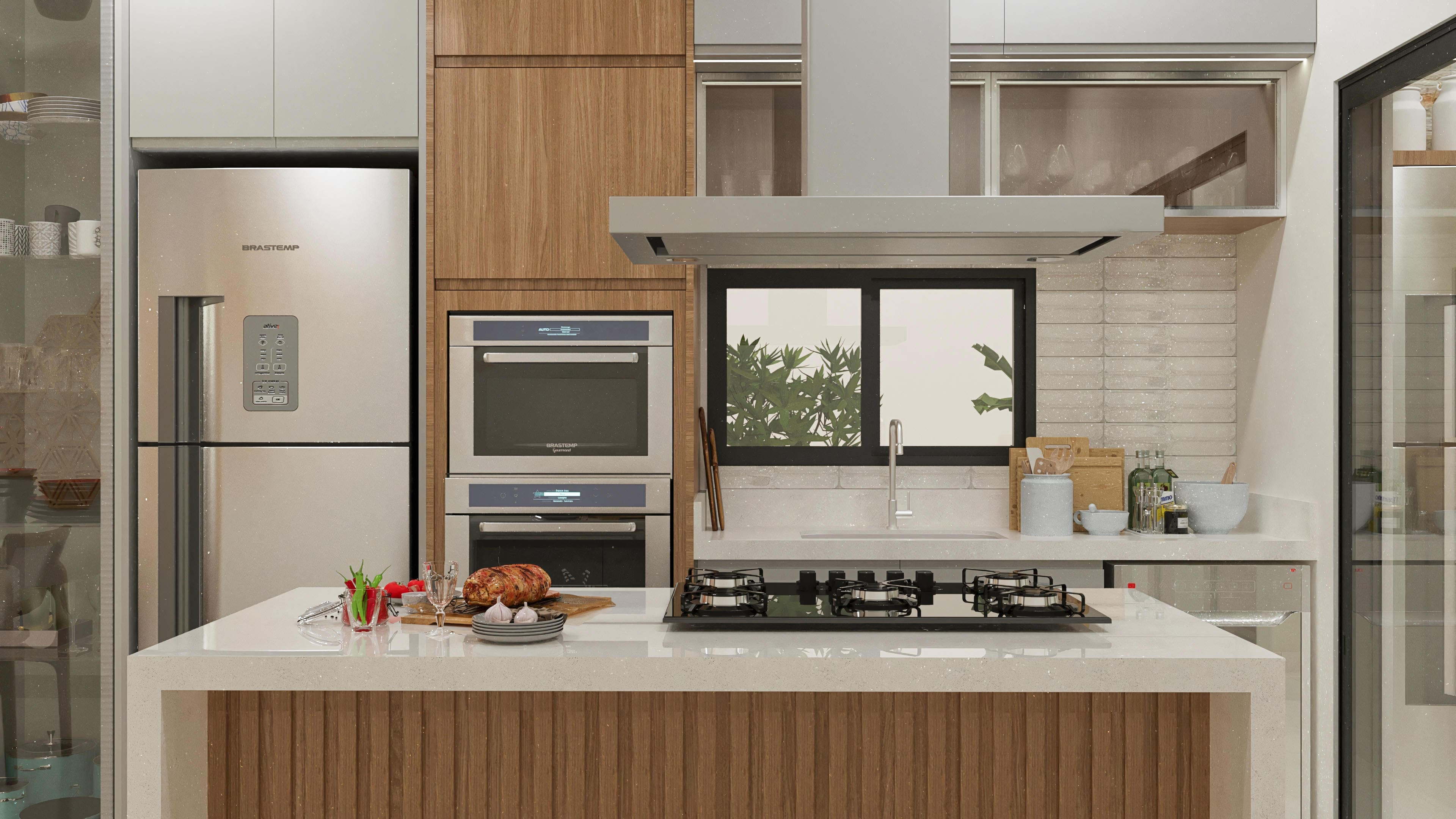 Modern kitchen with a central island, a white quartz countertop with granular details, vertical slatted wood cladding, and stainless steel appliances.