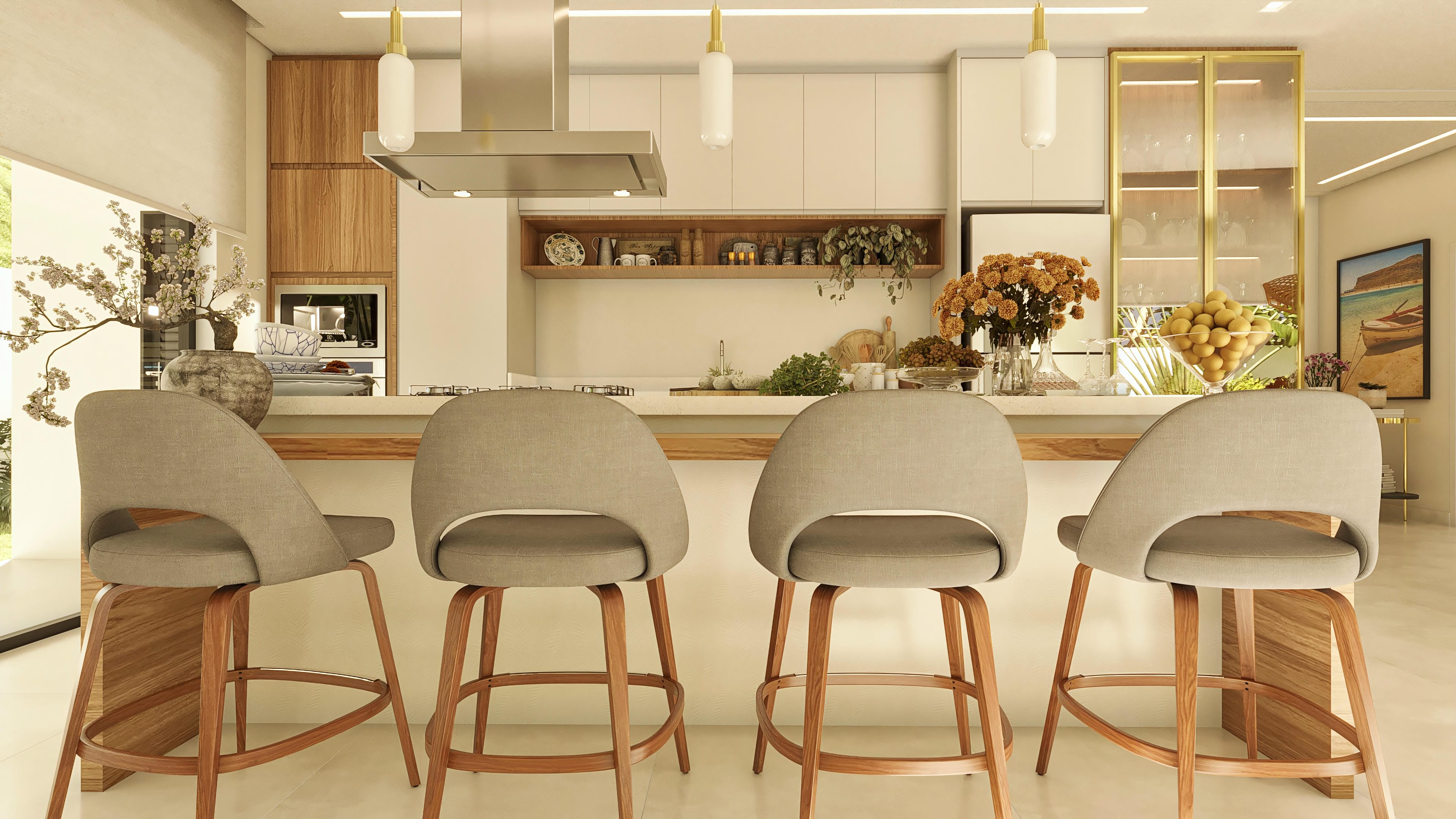 Internal view of a modern kitchen with a central island and counter in light marble, adorned with upholstered wooden stools. Cabinets in natural wood and white tones complement the space, with emphasis on a stainless steel exhaust hood and a shelf with decorative items.