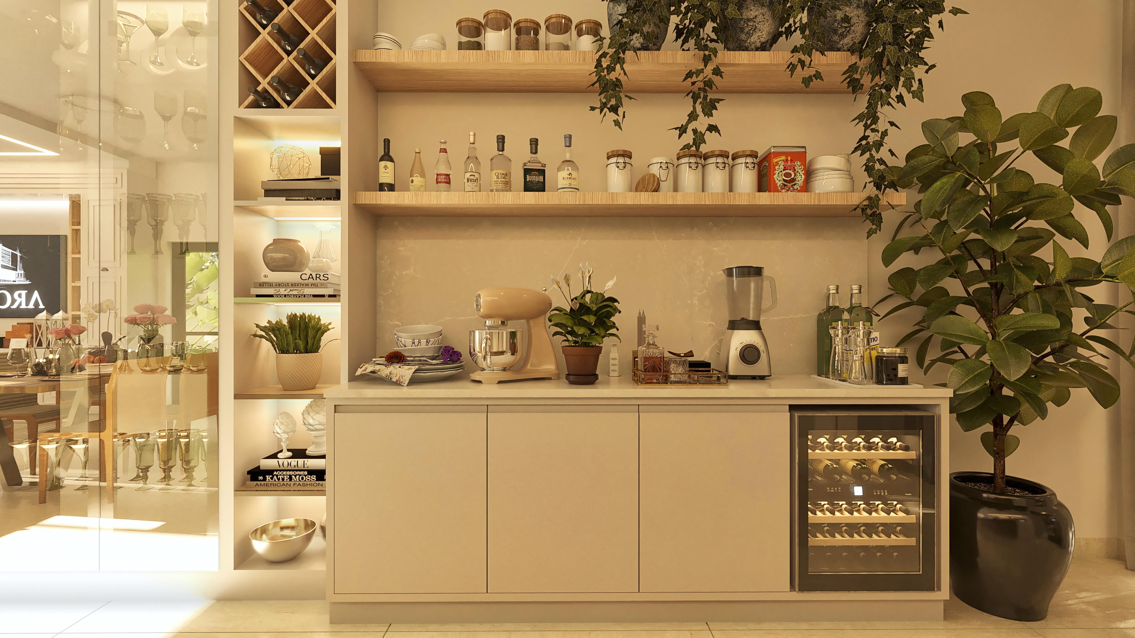 Interior elegante de sobrado com adega climatizada, móveis planejados claros, prateleiras com louças e bebidas, e plantas decorativas.