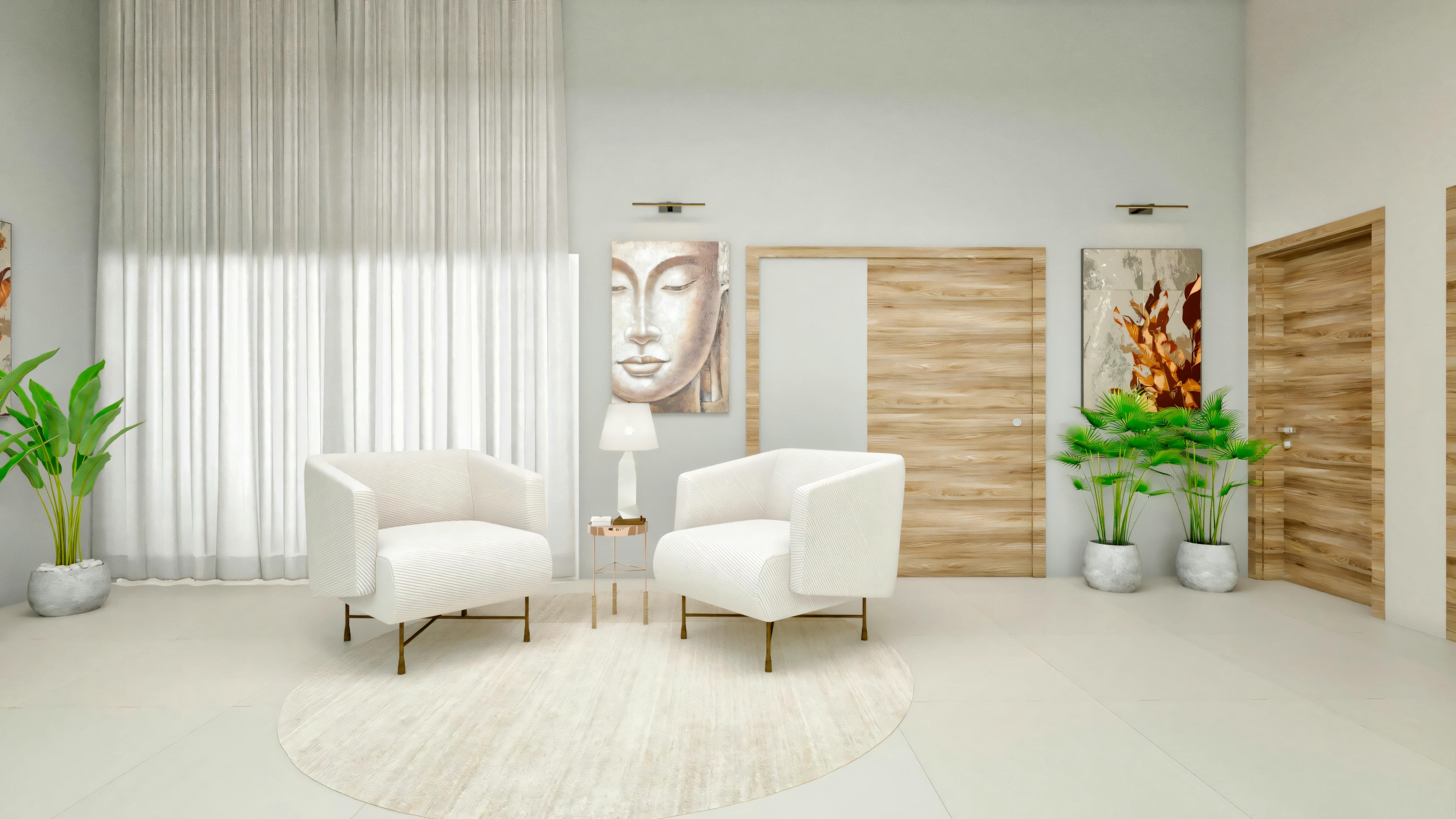 Detail of the intimate seating area in the upper hall (mezzanine) of a modern neoclassical house. Two white armchairs on a round rug, with wooden doors, paintings, and plants in the background. Lighting by wall sconces and visible high ceiling. 416.97sqm project.