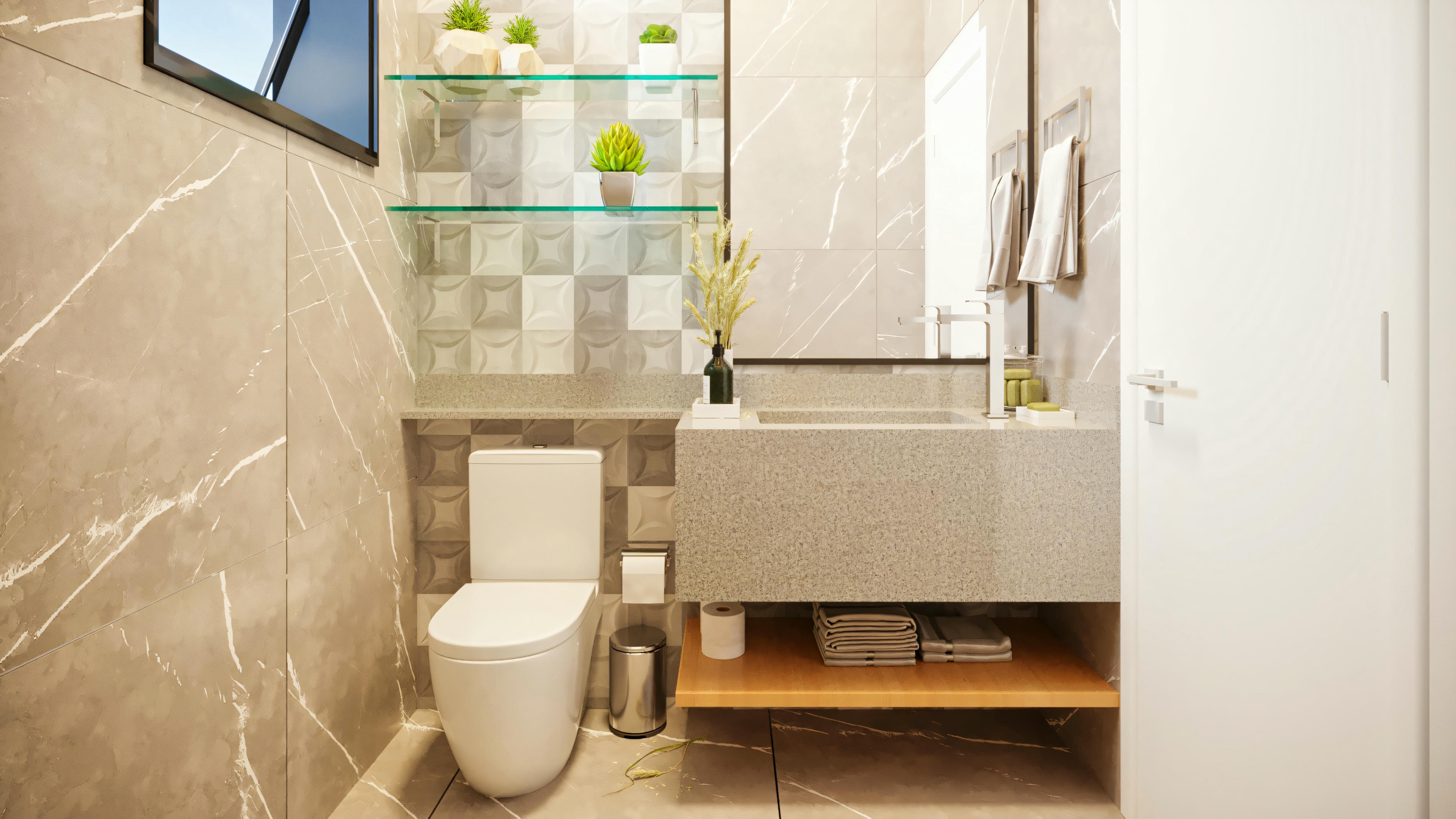 Baño social o lavabo de alto padrão en casa con 3 suites, piscina y zona gourmet. Destaque para el revestimiento que combina porcelanato marmolizado y pastillas texturizadas, encimera con lavabo moderno, e inclusión de una pantalla multimedia. Este es uno de los cinco baños de la residencia de 335.08m², demostrando atención a los detalles y confort.