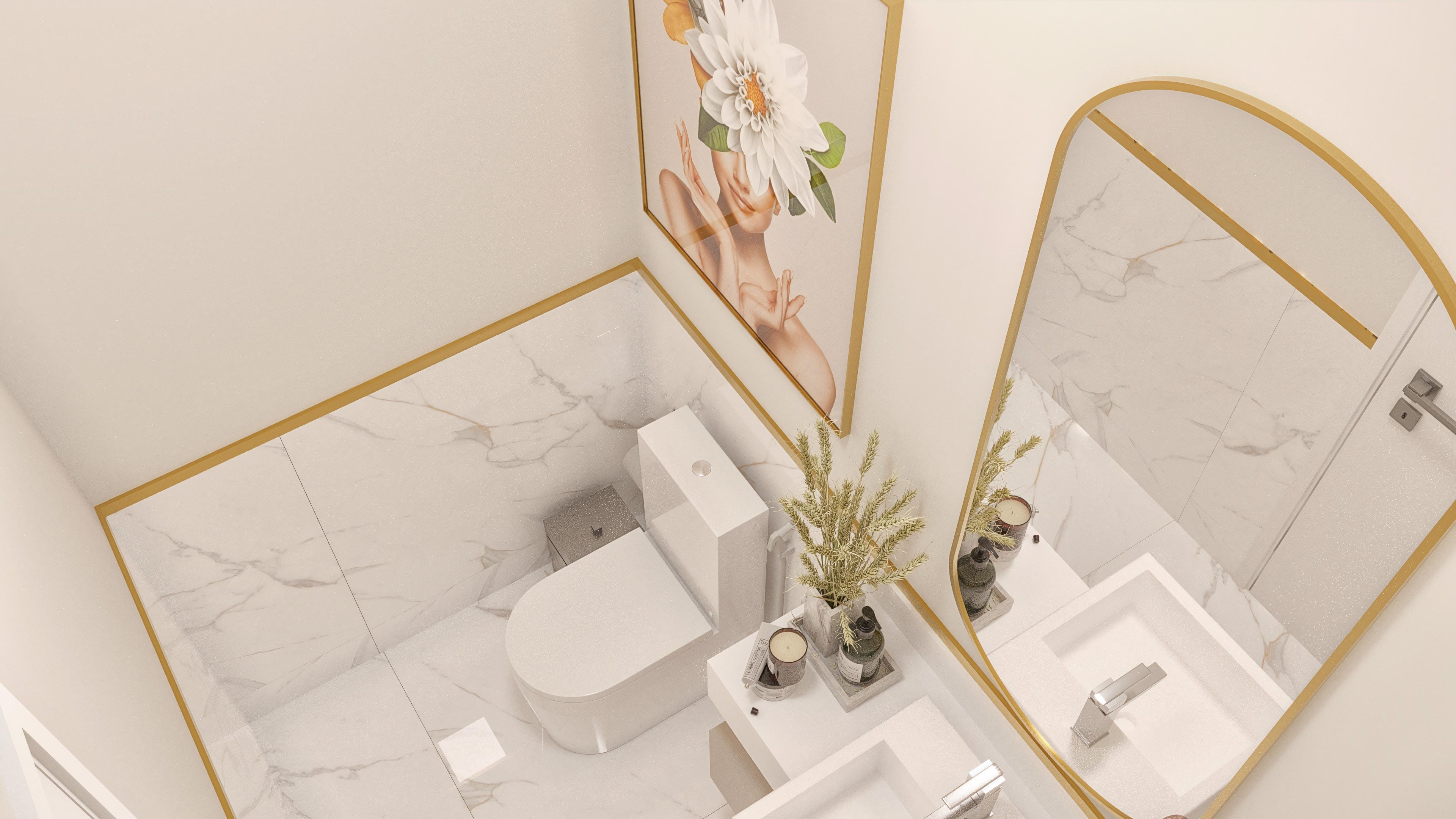 Elegant bathroom with light marble cladding, golden details, and decorative objects. Includes a modern sink, a wall-hung toilet, and a mirror with a golden frame.