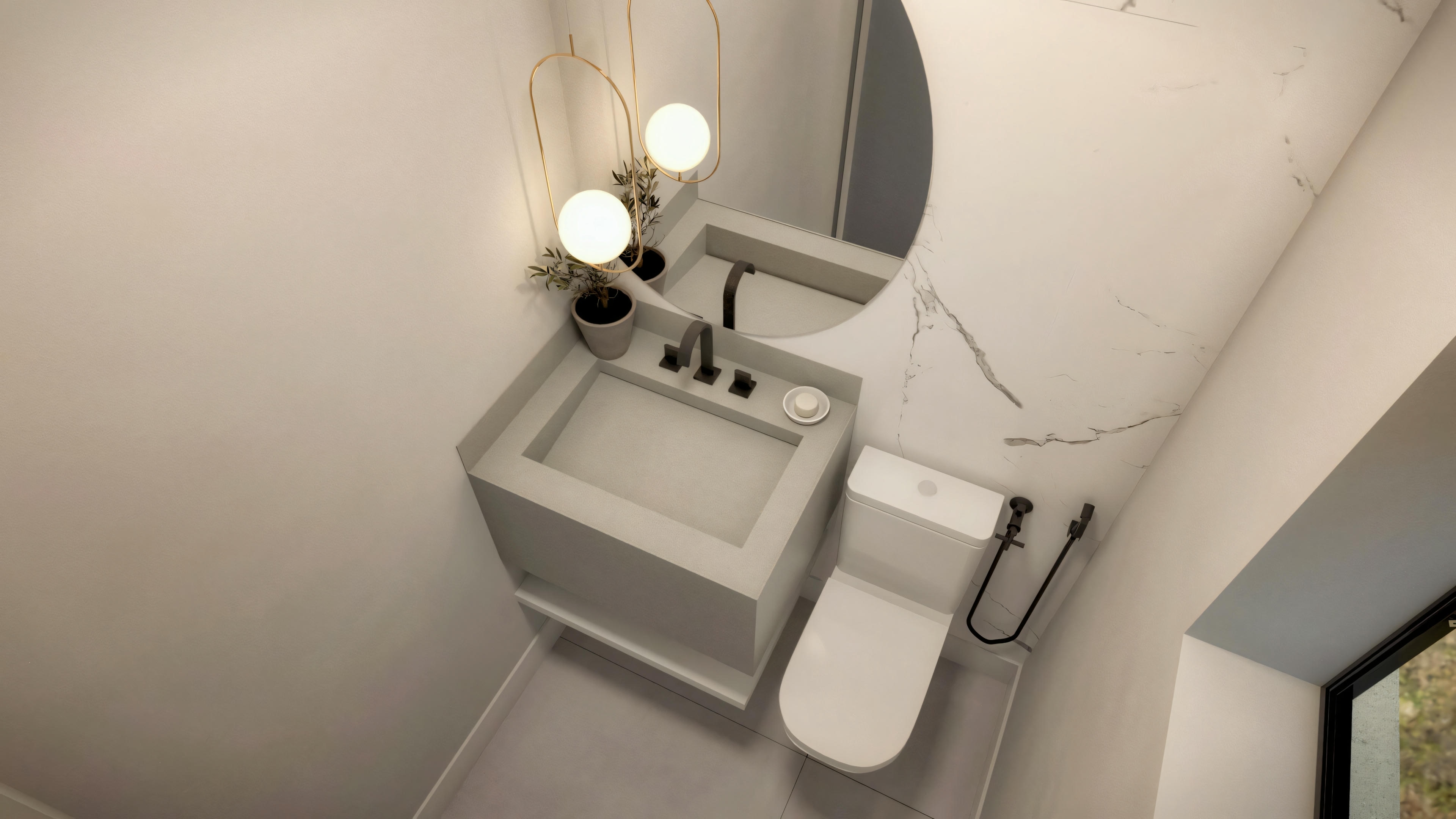 A bathroom with a toilet, a sink with visible plumbing, and a mirror above the sink. There are some items on the sink counter, including bottles and jars.