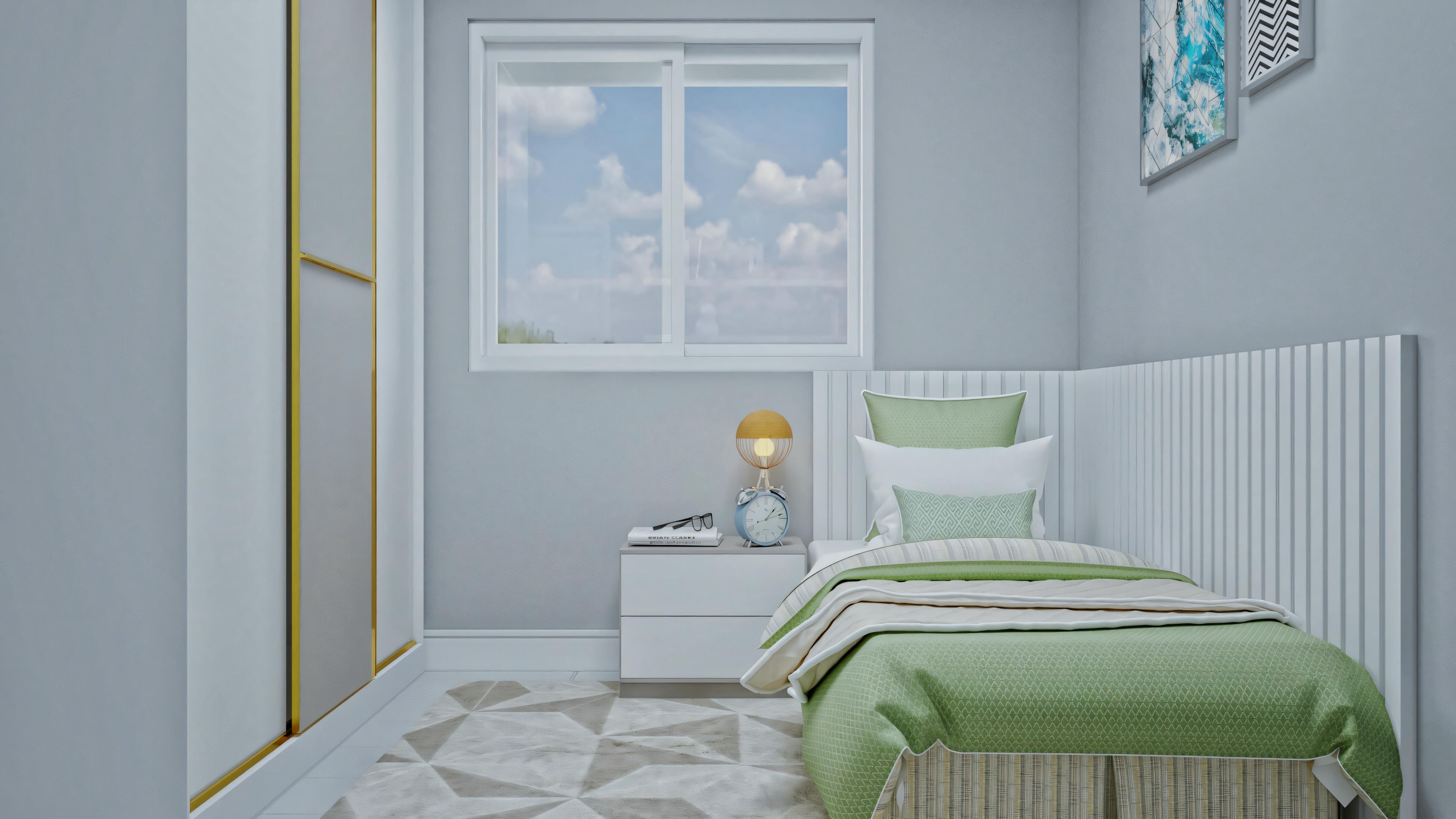 Bedroom with green details and a large window.