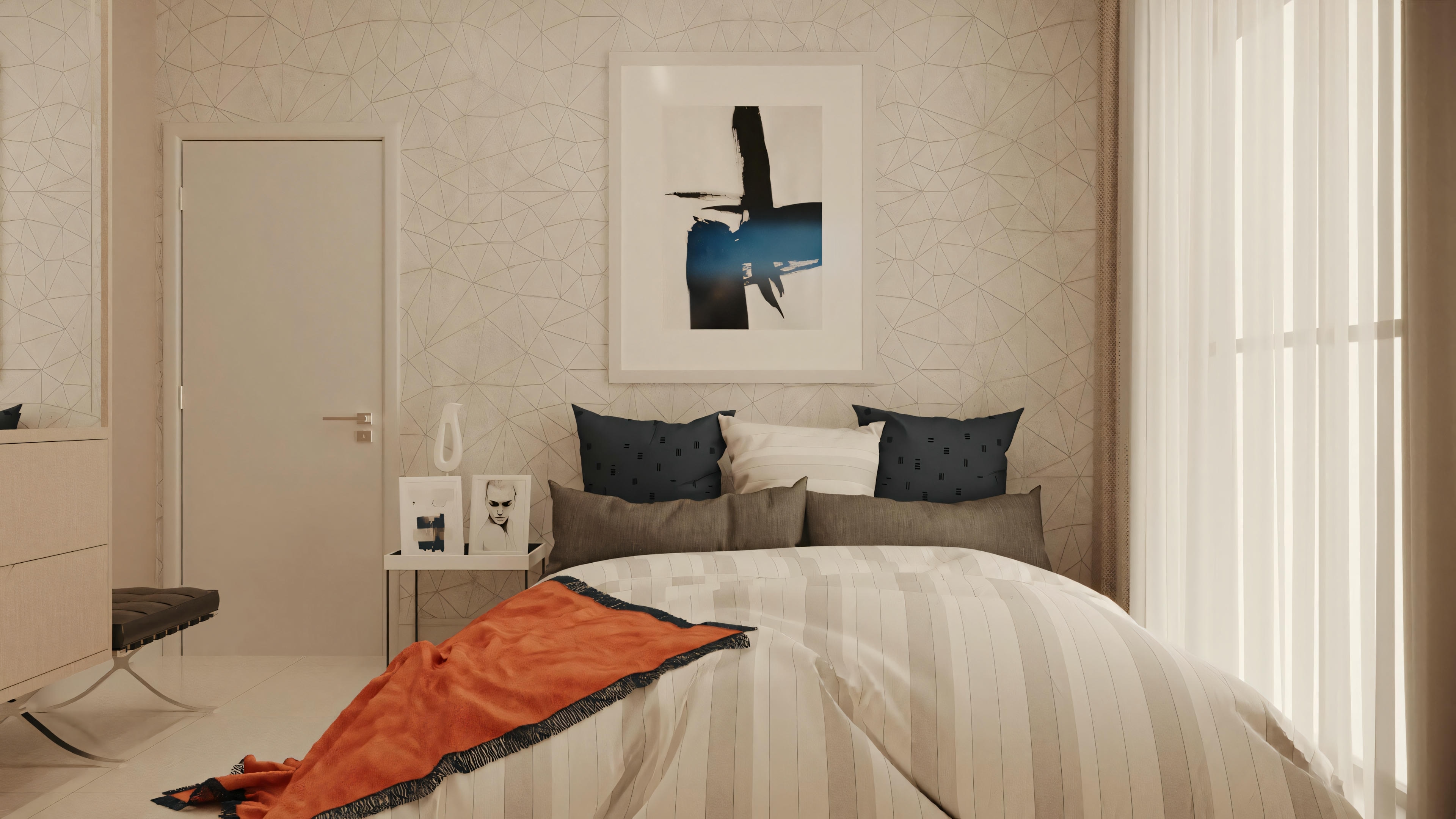 A modern bedroom with a large bed, two pillows, and artwork on the wall.