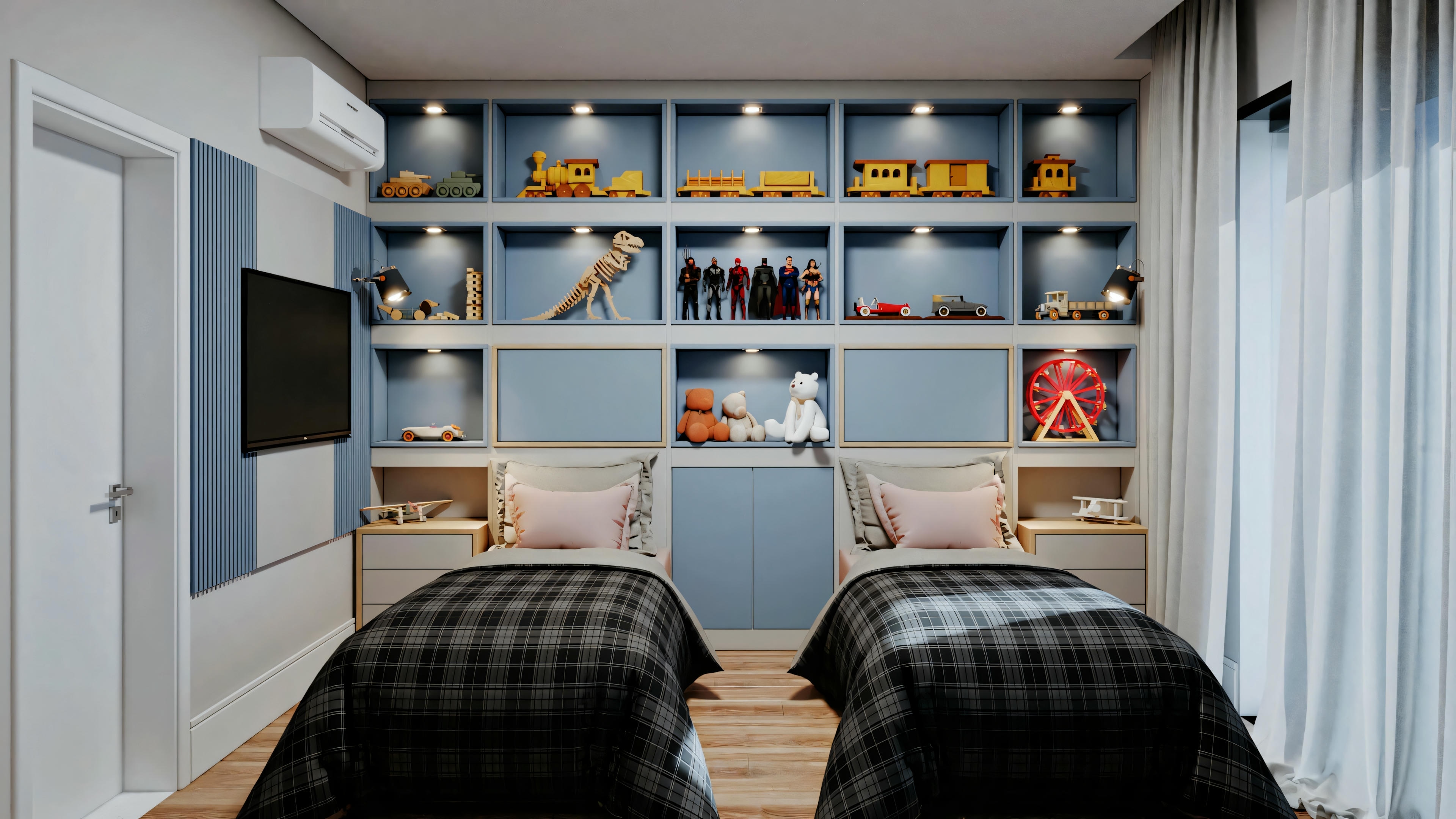 A modern bedroom with two beds, a shelf with books and storage boxes, and a window in the background.