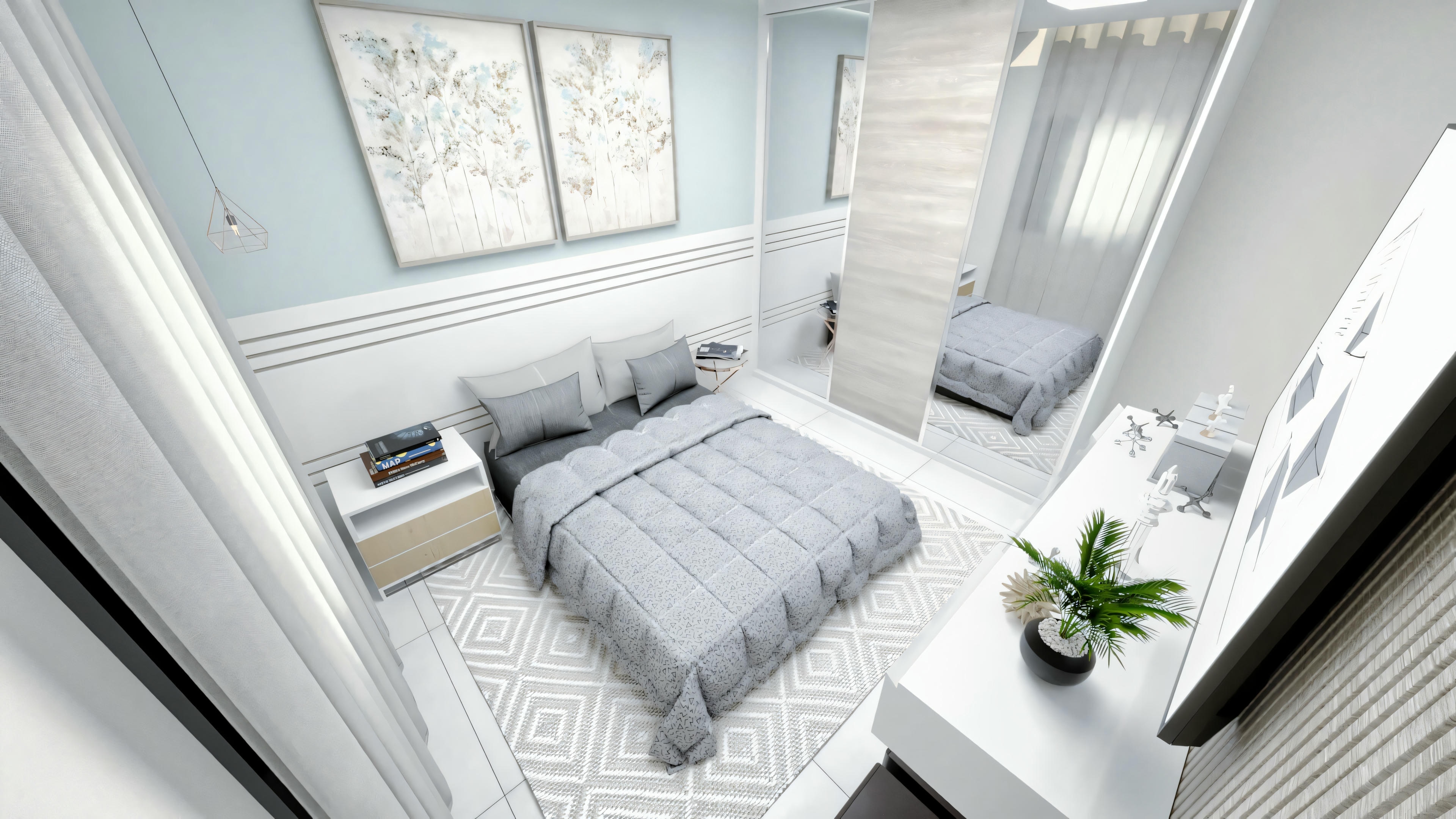 A modern bedroom with white walls, a gray bedspread, and a small plant on the nightstand.