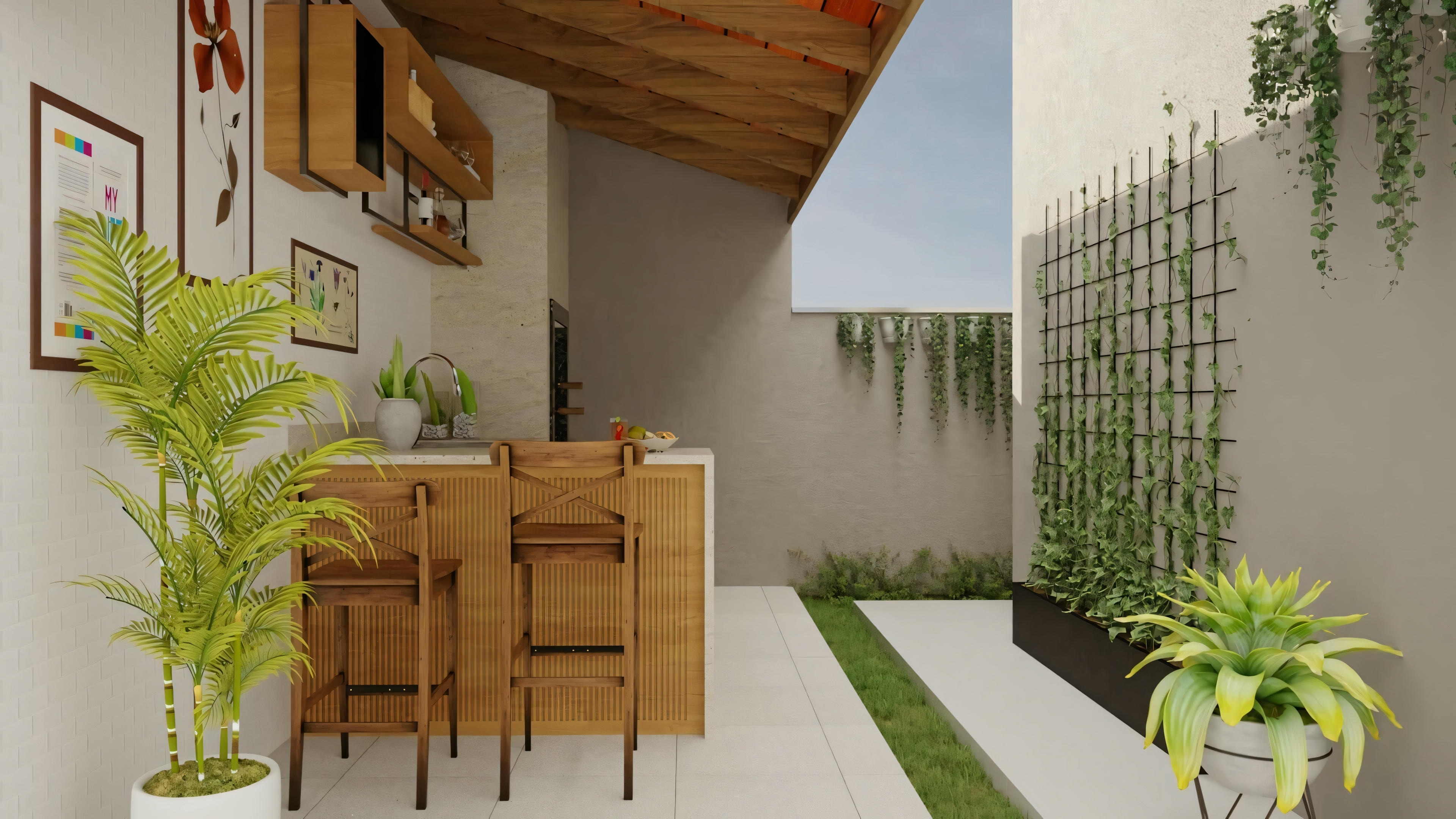 A dining area with a wooden table and chairs, large windows providing ample natural light, and decorative plants on the walls and in small pots.