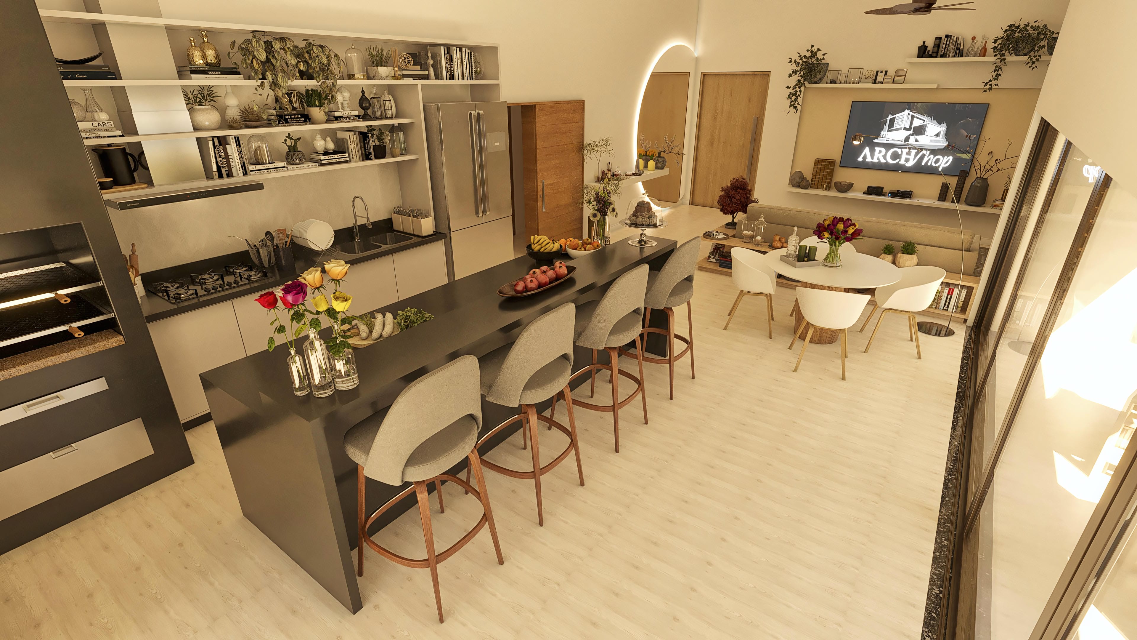 Integrated environment with gourmet kitchen, large counter, 4 suites, leisure area with hot tub, and modern design.