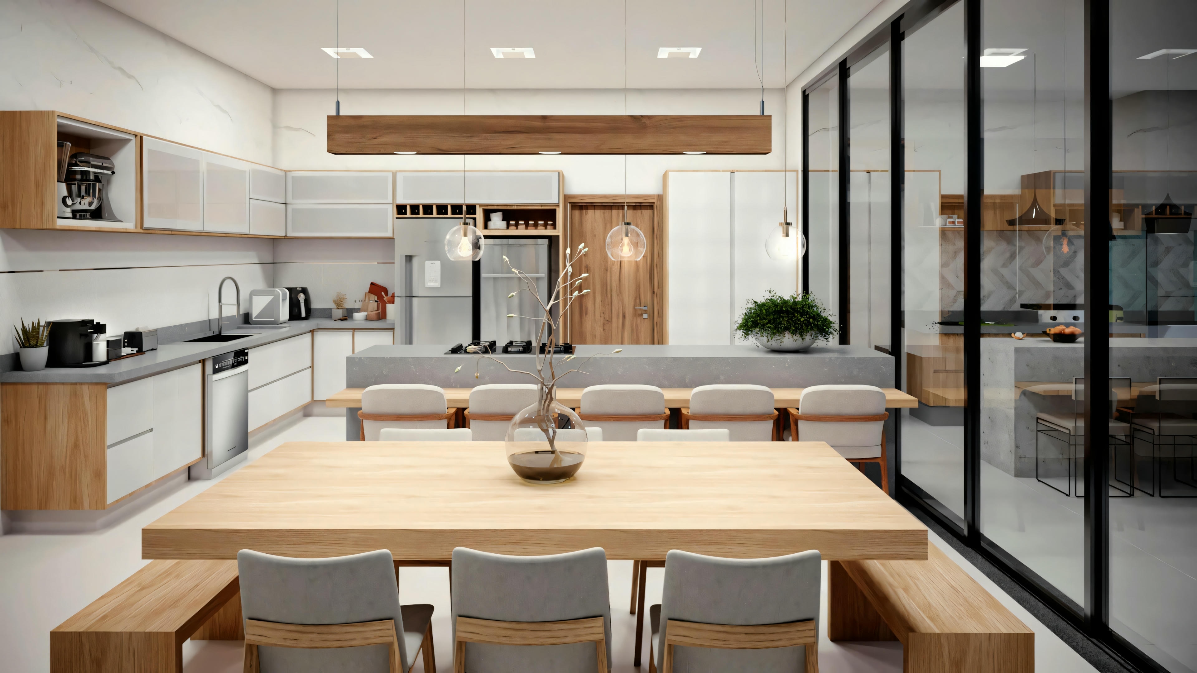 A modern kitchen and dining area, featuring sleek design elements, wood accents, and pendant lighting.