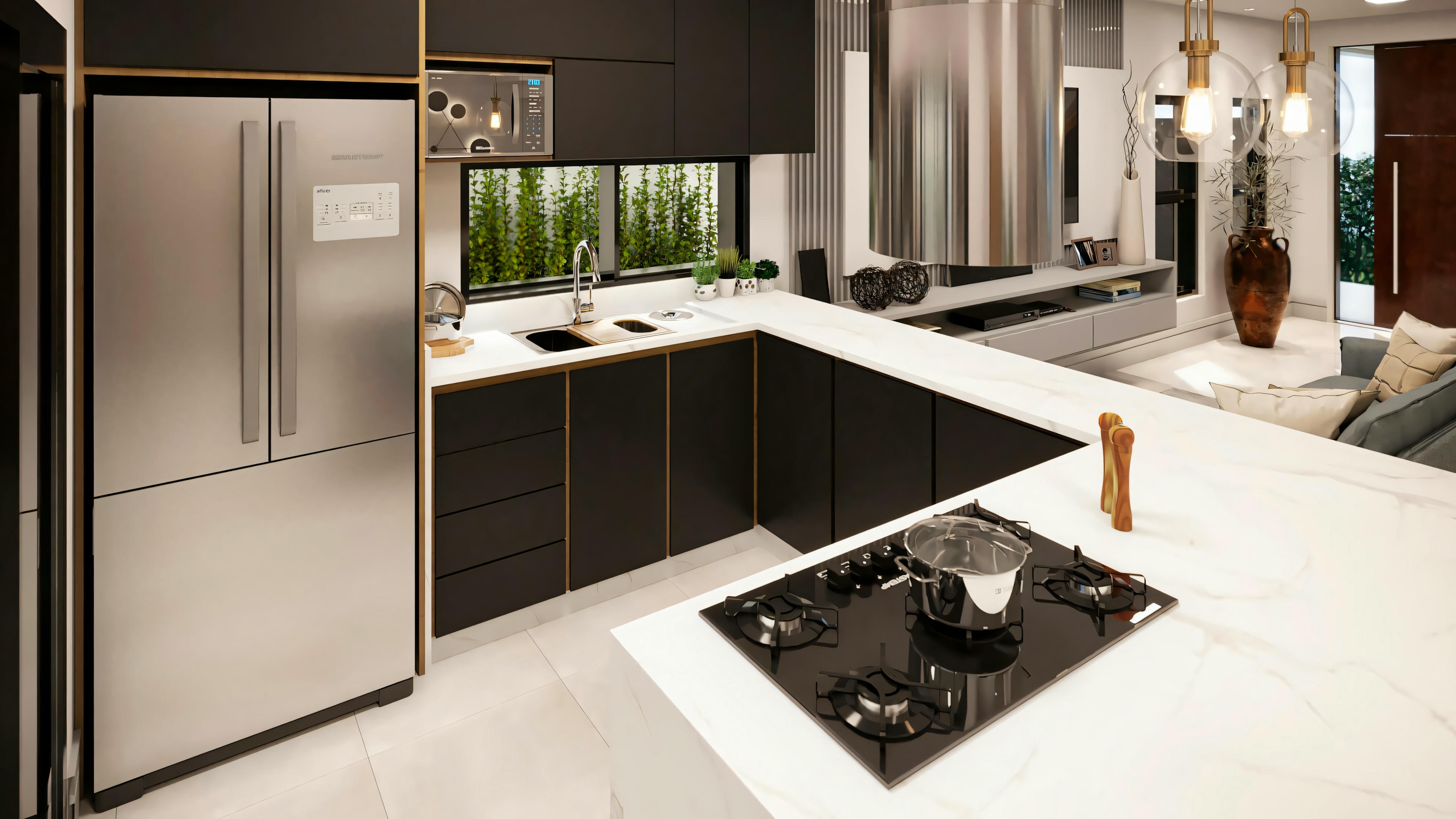 Modern kitchen with refrigerator, oven, microwave, island cooktop with a hood, and white countertops with dark cabinets.