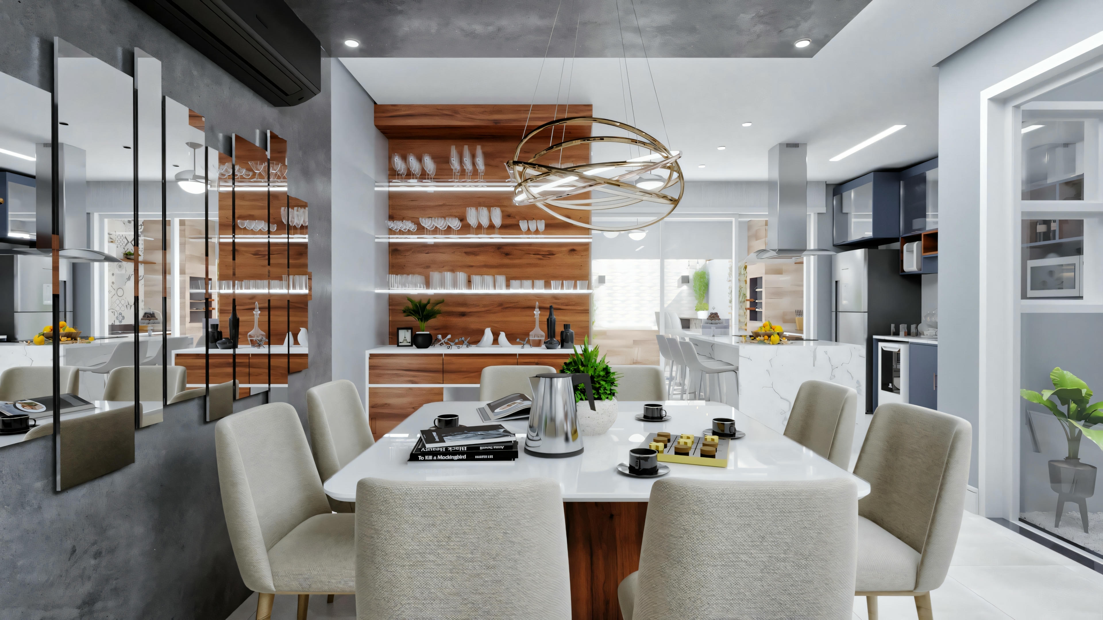 A modern kitchen with white cabinets, stainless steel appliances, and a central island with stools. The dining area includes a round table with white chairs and is illuminated by a decorative pendant light.