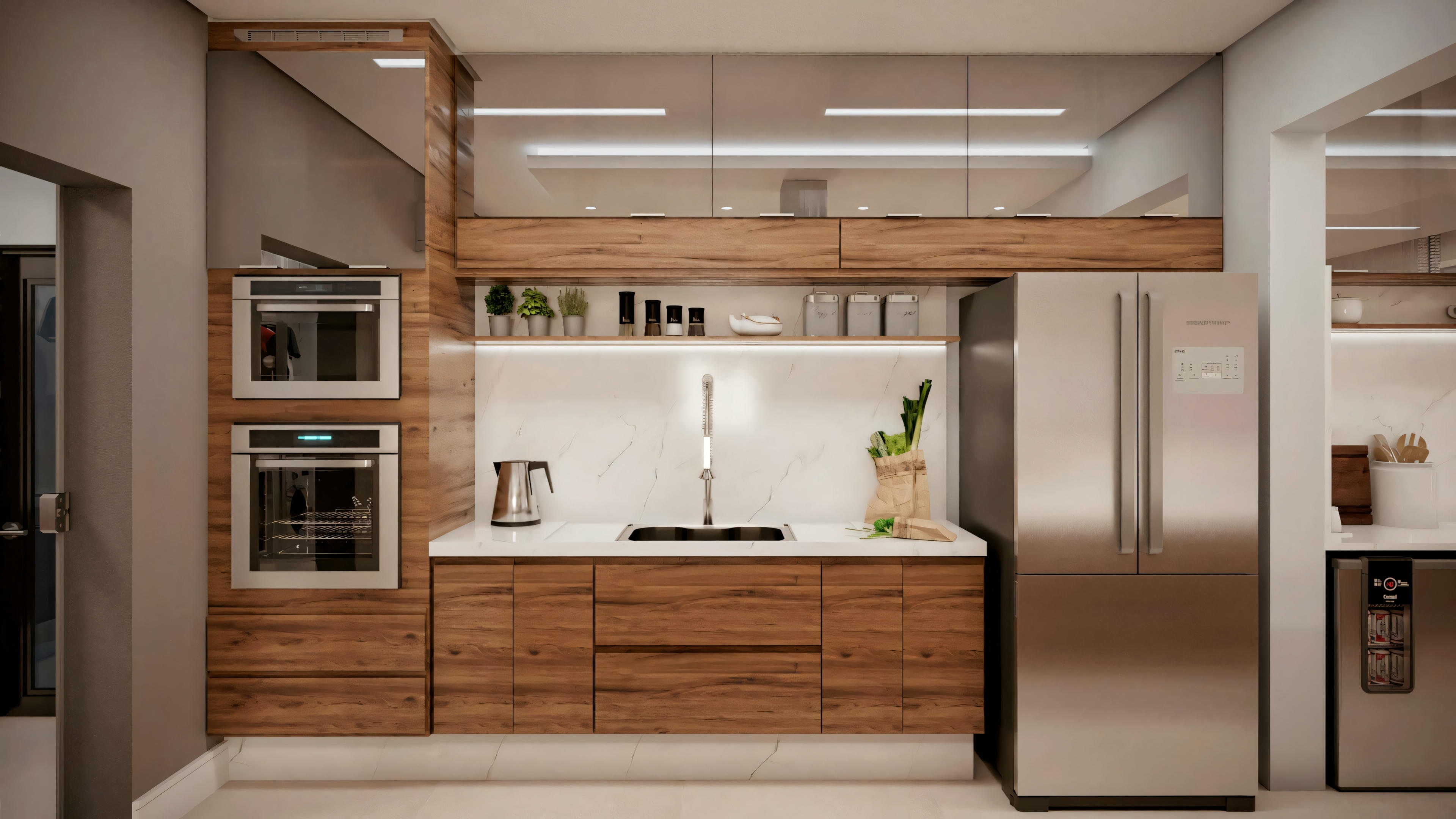 Another perspective of the same modern kitchen, highlighting the wood flooring and the hallway leading to the kitchen.