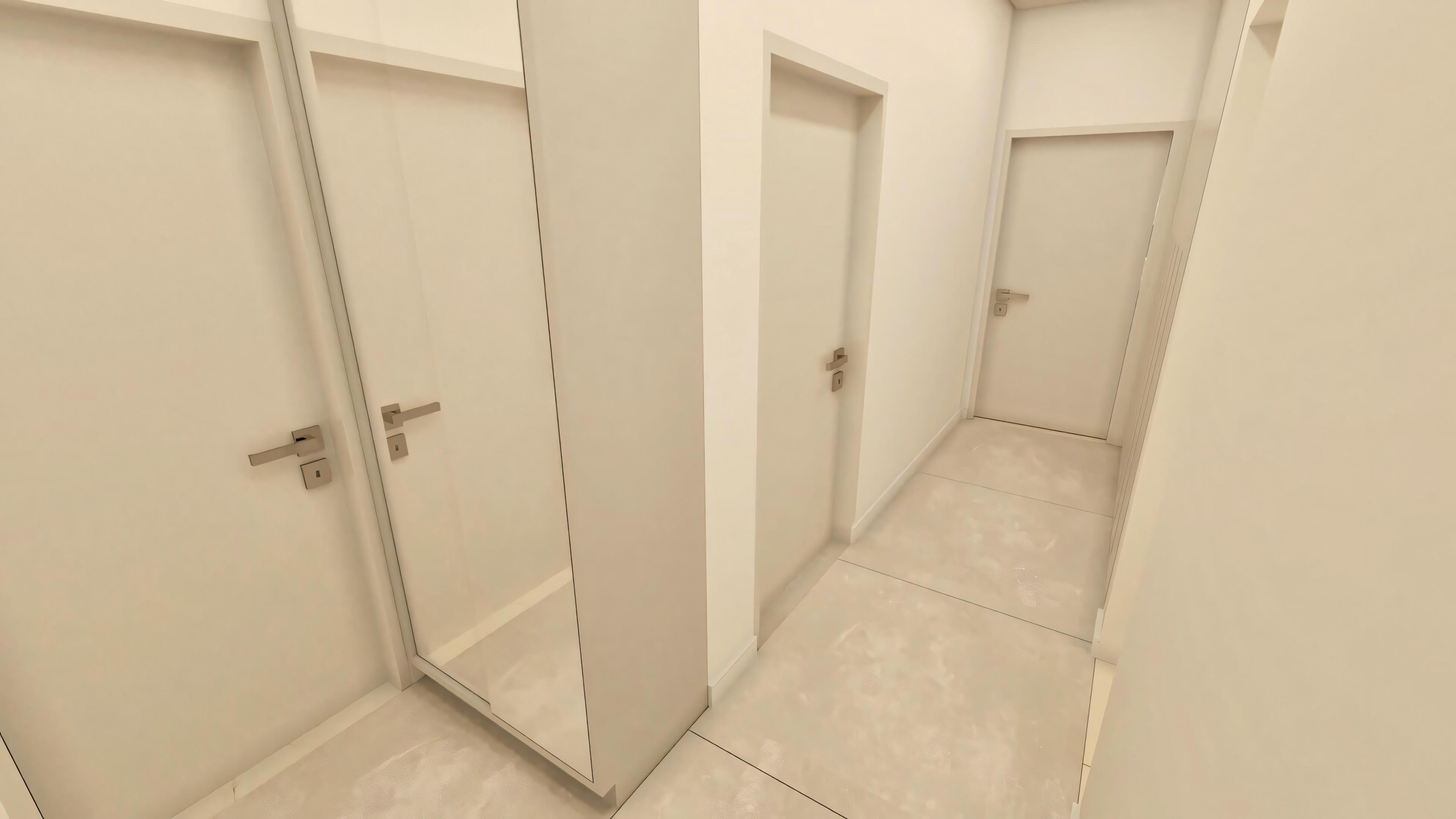Internal circulation corridor in a modern single-story house project (3 bedrooms), with light flooring, white walls and doors, including one mirrored door.