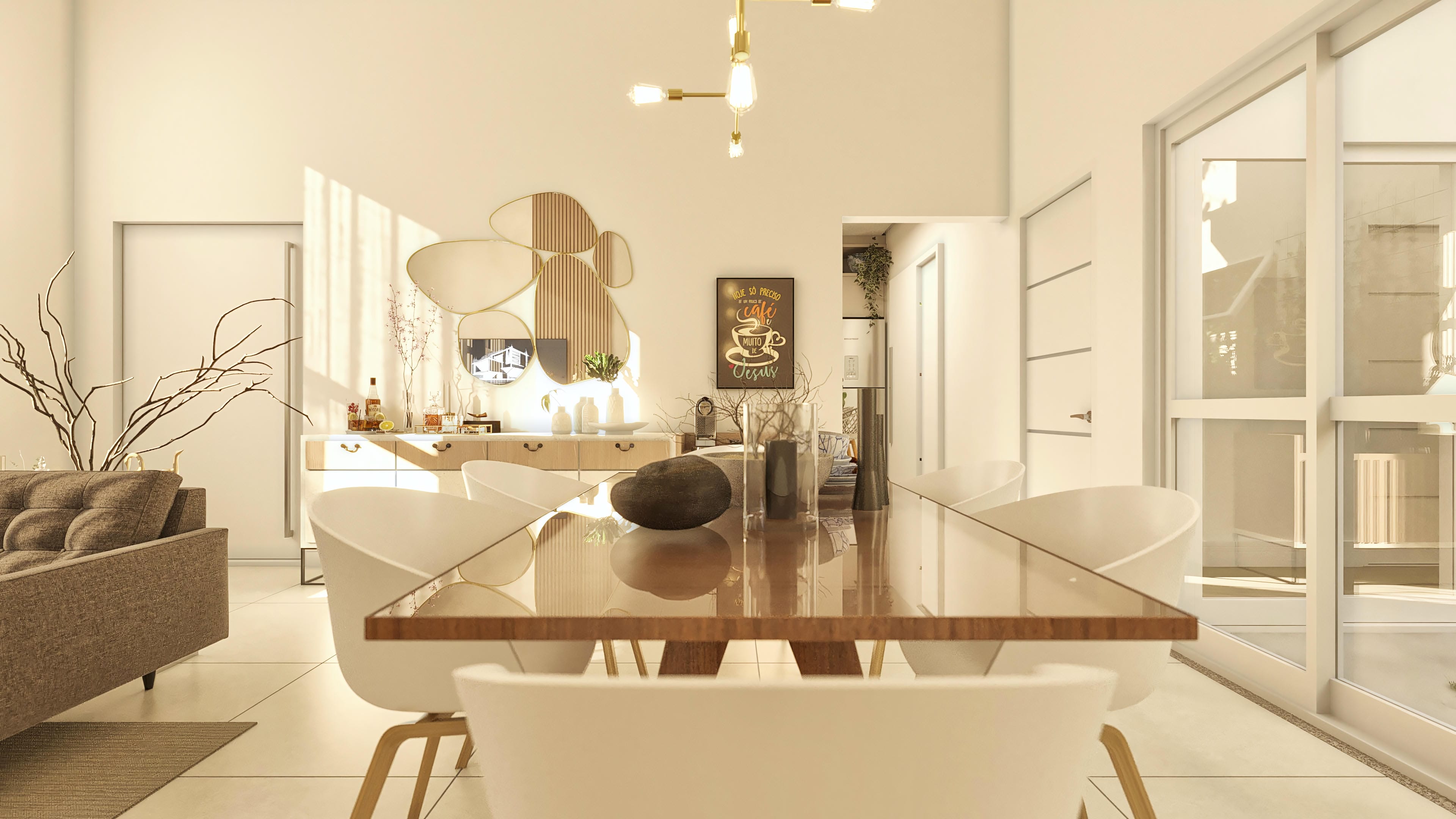 Interior of a single-story house with a modern dining room, light walls, beige porcelain tile flooring, and abundant natural lighting.
