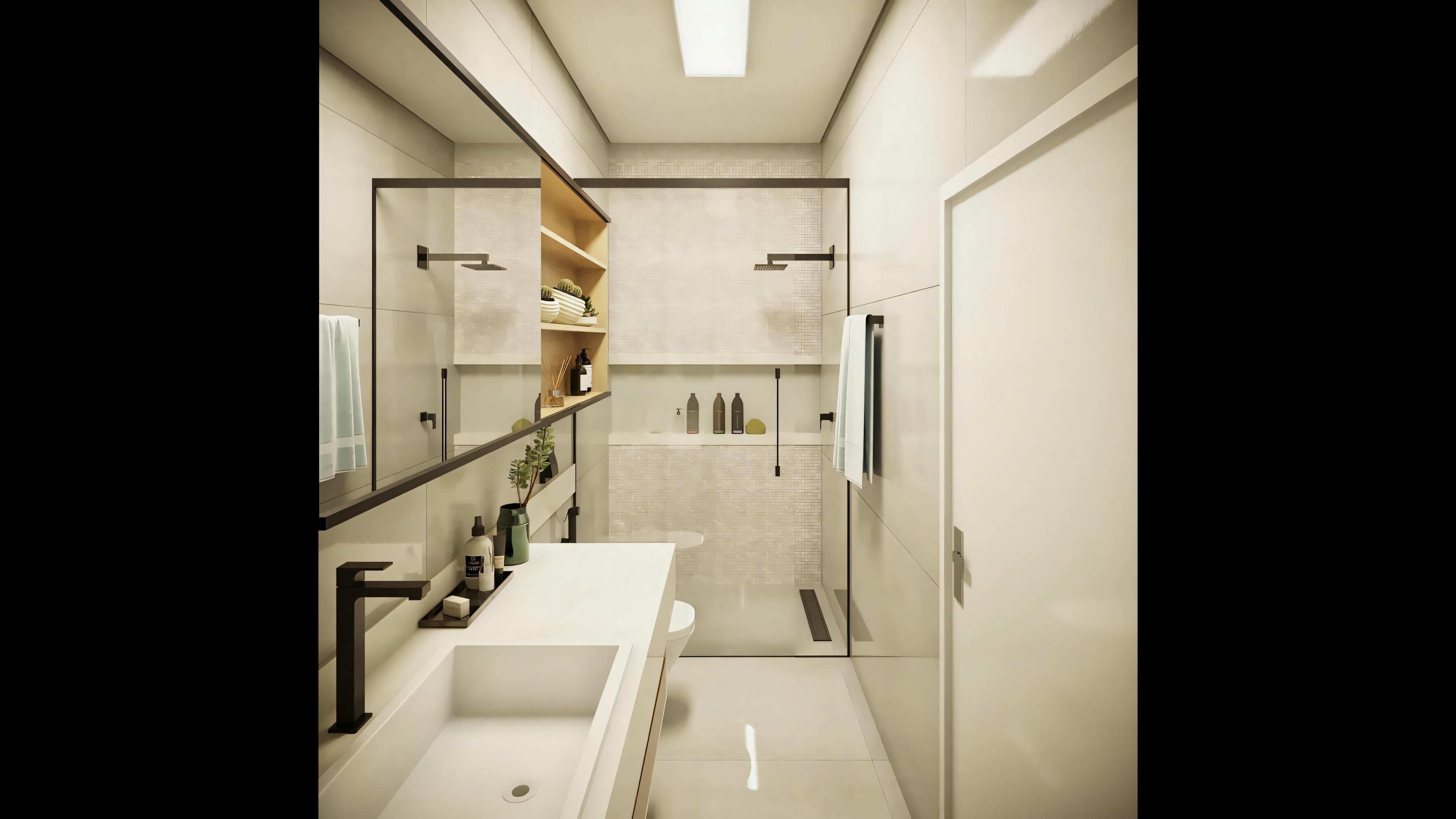 Image of the modern bathroom of one of the 3 suites, part of the 368.67sqm ready-made house project, including gourmet area and office, ideal for a 25x40 plot. Highlight for black metals and light-colored coating.