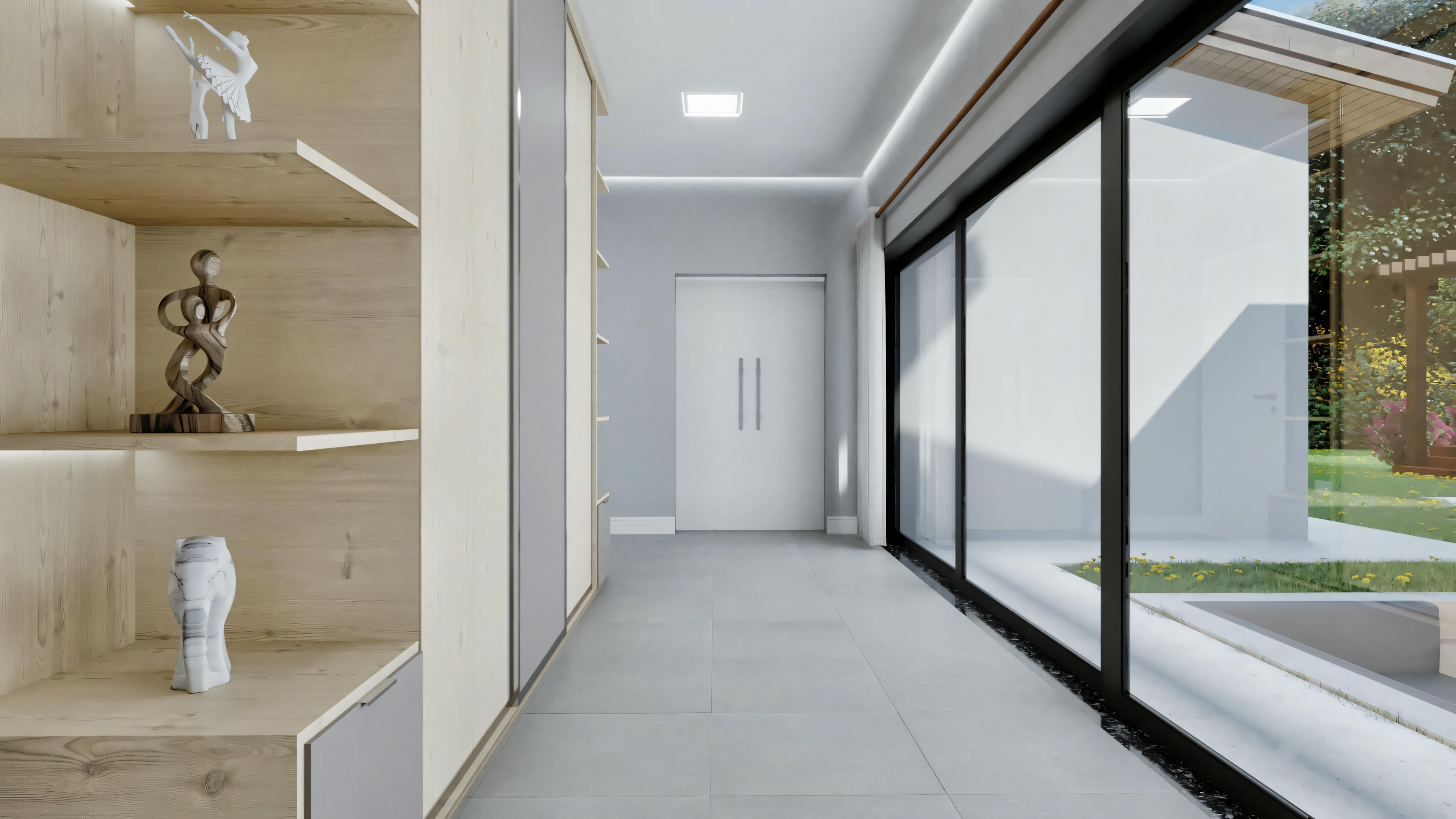 Un espacio interior con un pasillo que conduce a una puerta de cristal que se abre a una zona exterior. En el interior, hay una escultura sobre un pedestal y una silla visible.