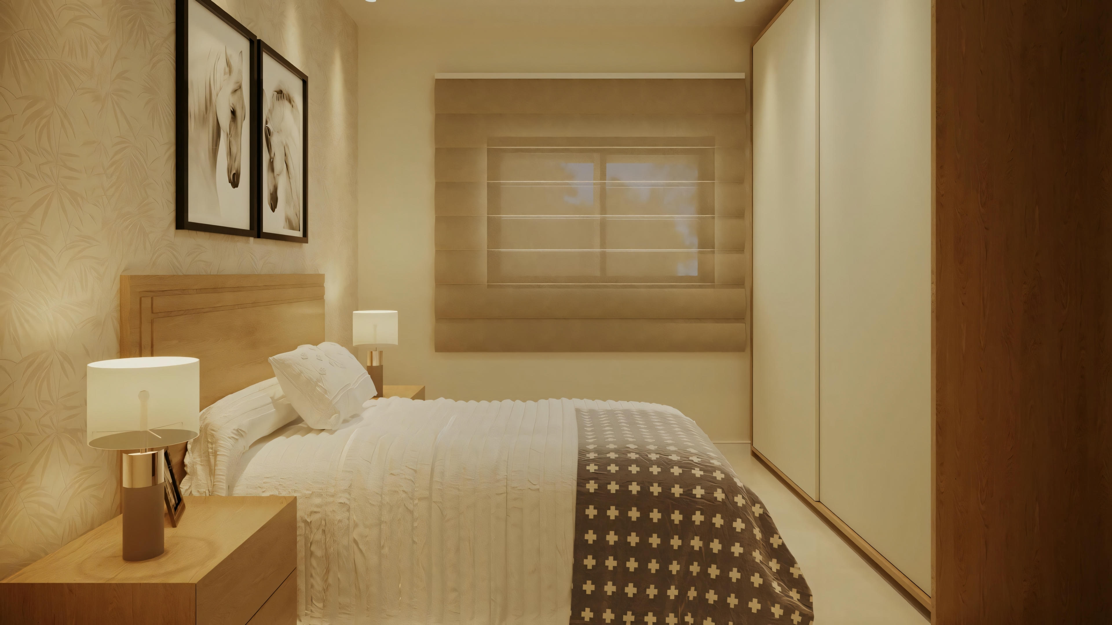 Um quarto com cama arrumada, mesas de cabeceira e abajures.