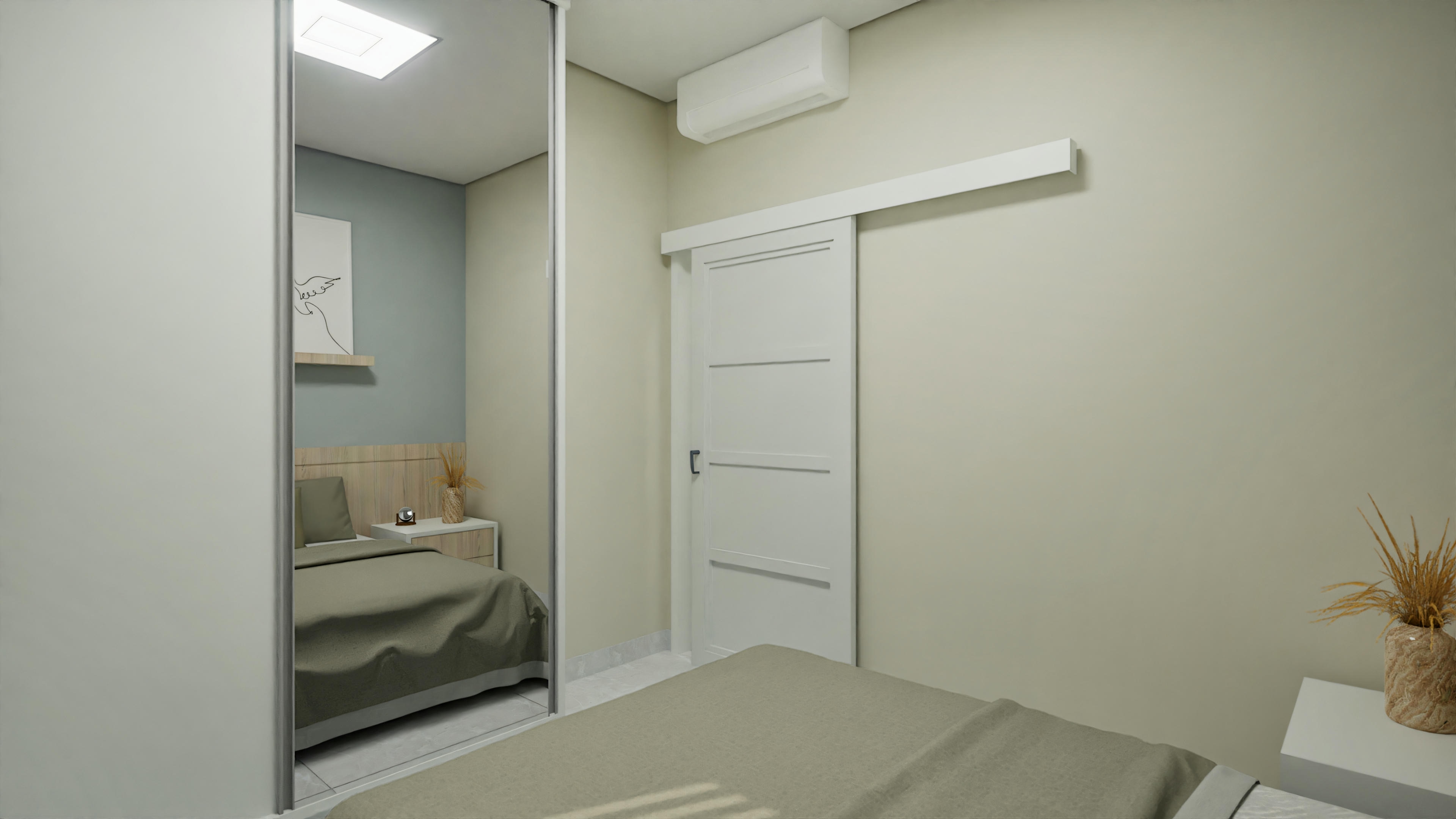 Quarto com roupeiro e espelho.