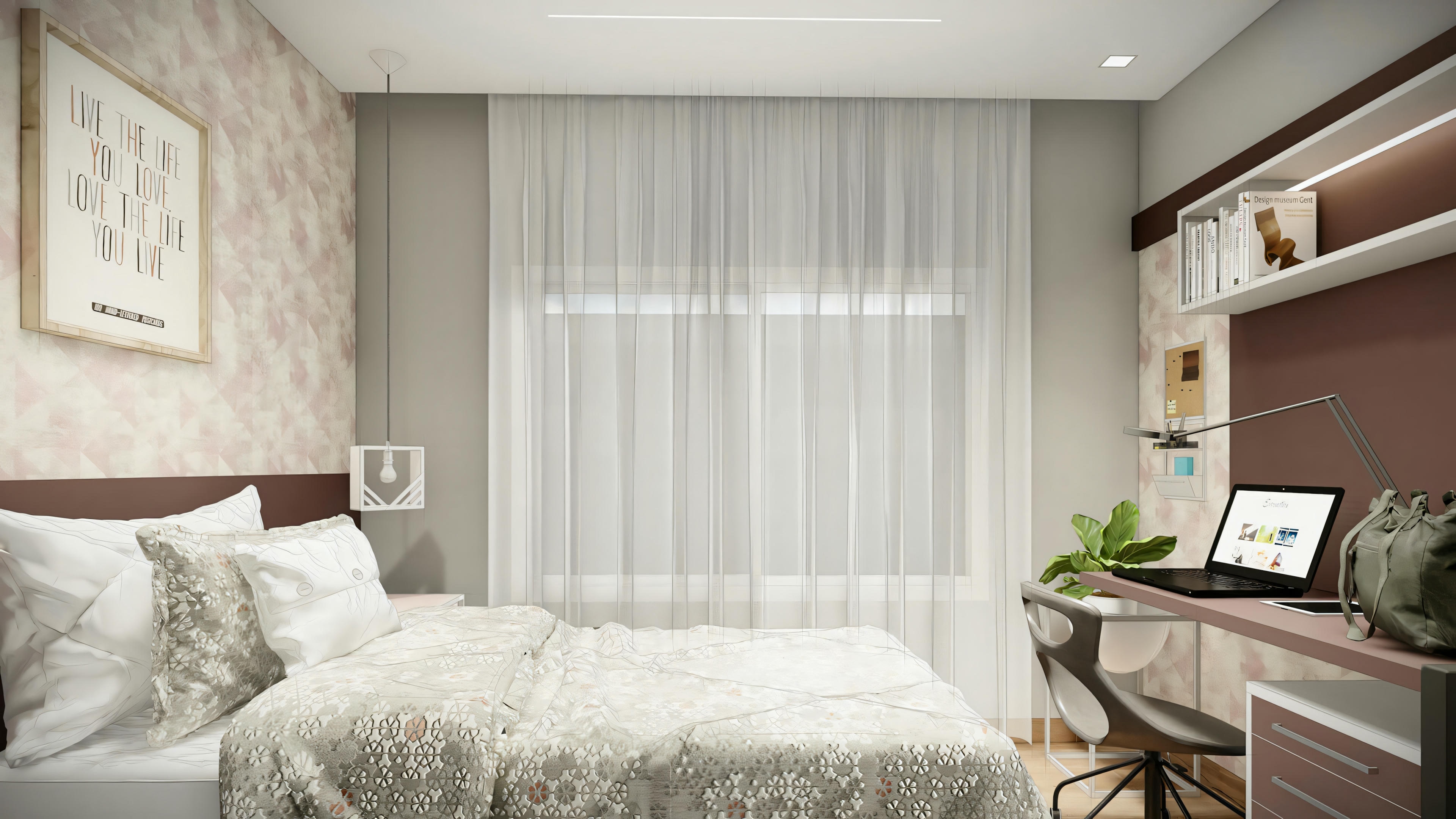 Dormitorio moderno con cama, almohadas, escritorio con ordenador y silla.