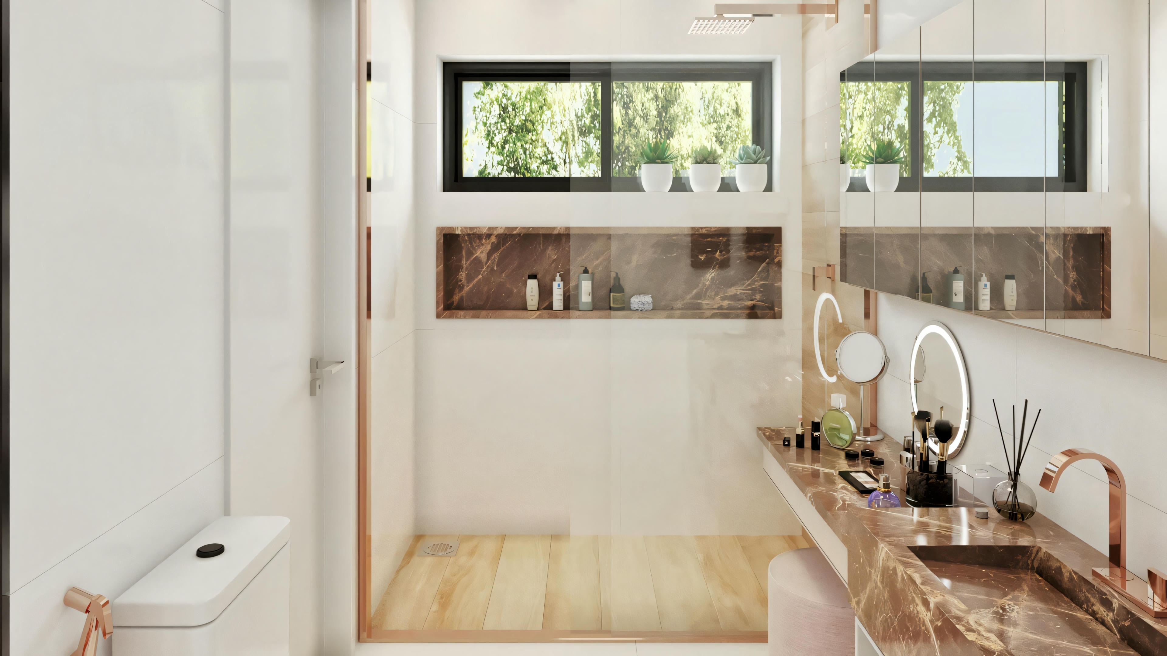 Modern bathroom of one of the 5 suites in the ready-made project, with a marble countertop, glass shower enclosure up to the ceiling, built-in niche in the shower wall, and rose gold metal details.