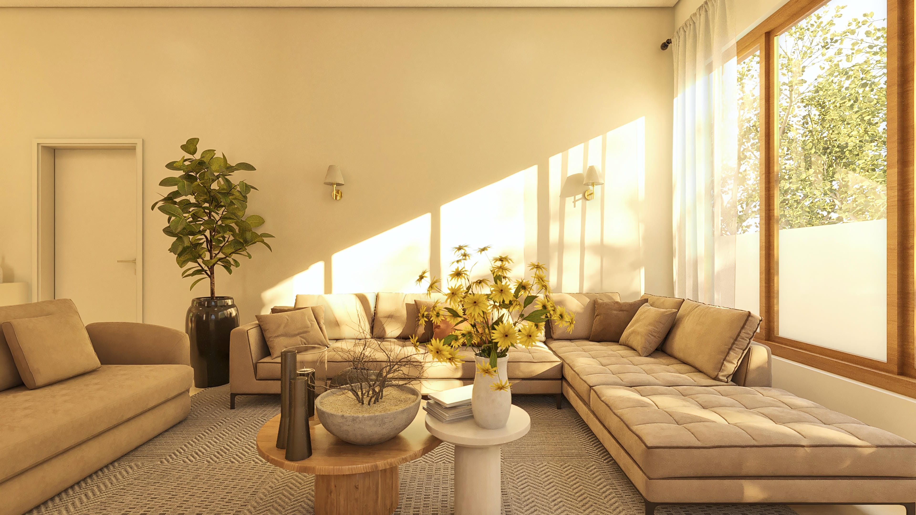 Sala de estar amplia y moderna con sofá modular en tono beige, alfombra con textura geométrica y grandes ventanas de madera con vista a la vegetación exuberante. Iluminación natural intensa crea un ambiente acogedor.