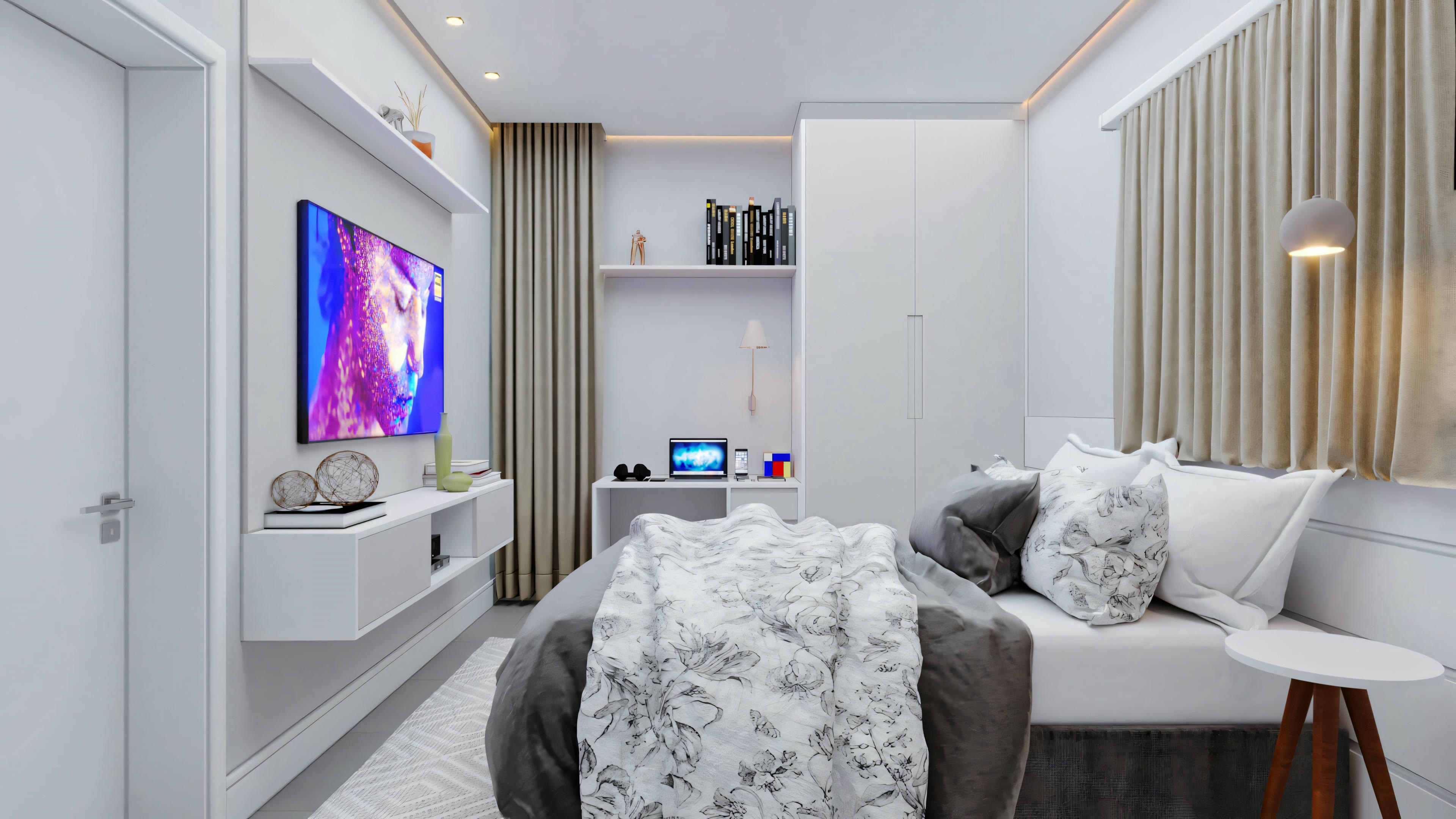 Una sala de estar moderna con esquema de colores blanco y gris. Hay una gran TV de pantalla plana montada en la pared, mostrando colores vibrantes.