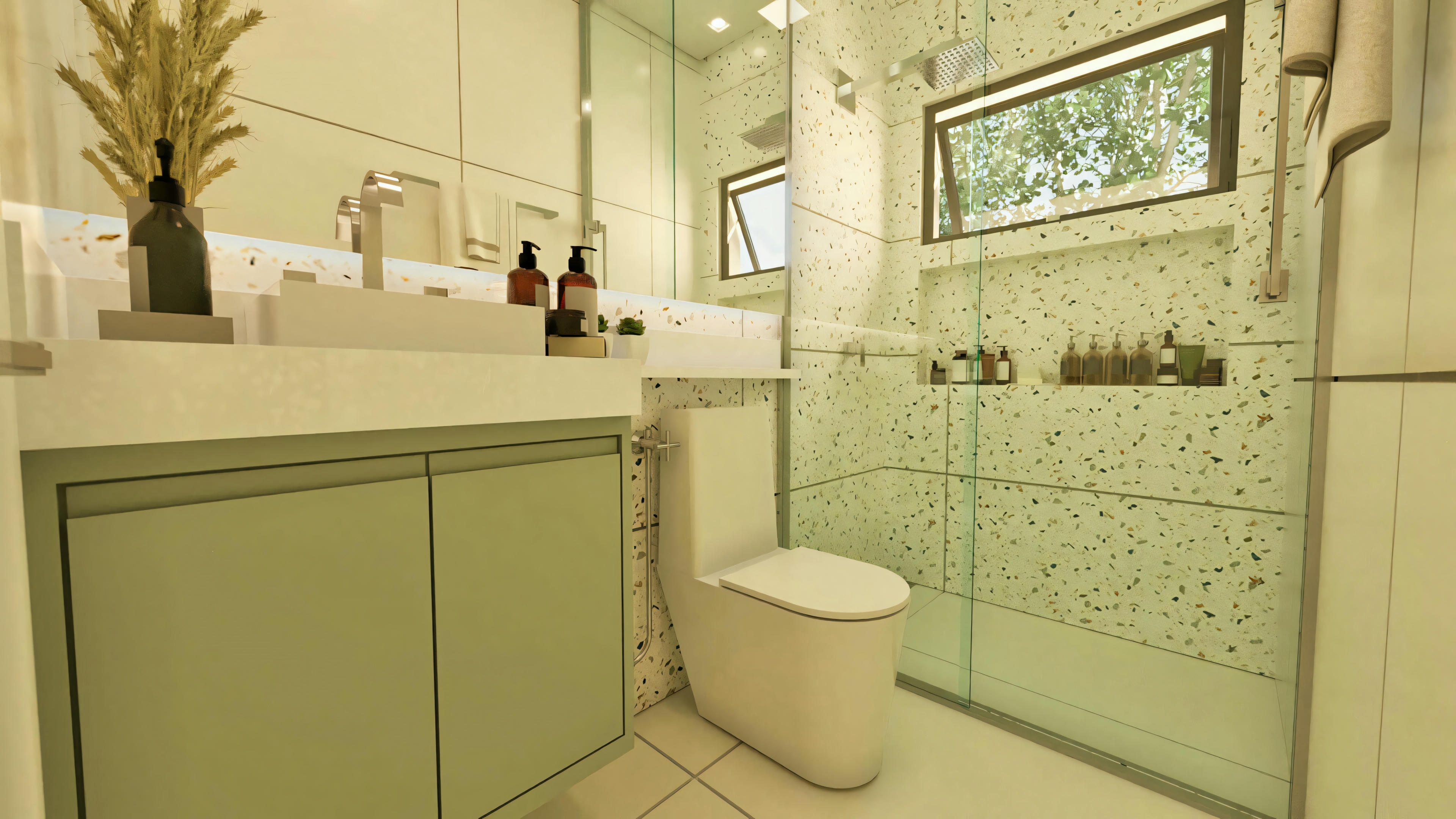 Simple bathroom with green cabinet.