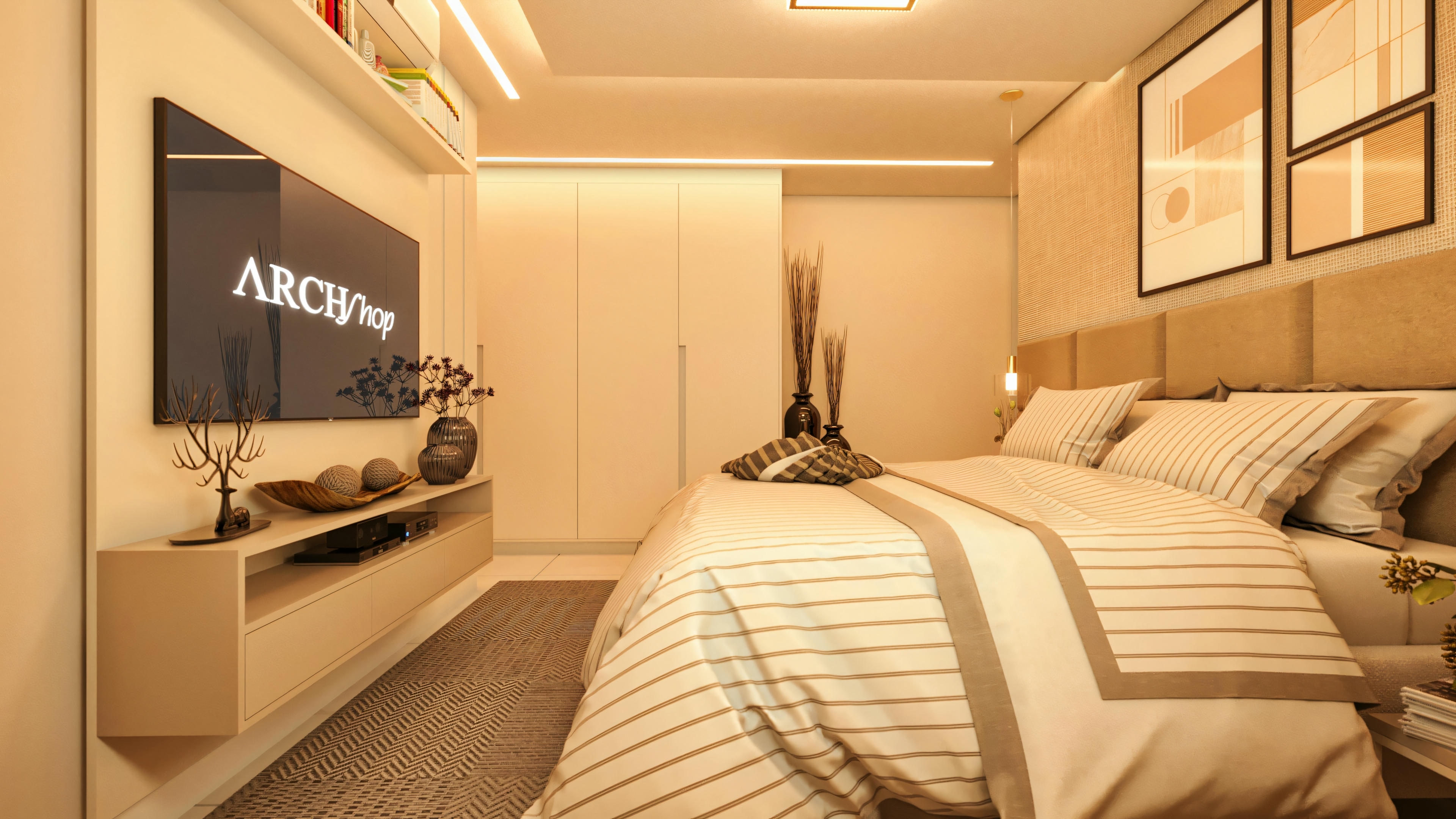 Master suite bedroom in a modern house with 3 bedrooms and 2 suites. Detail of bed, TV panel with shelves, and built-in closet with sliding doors.