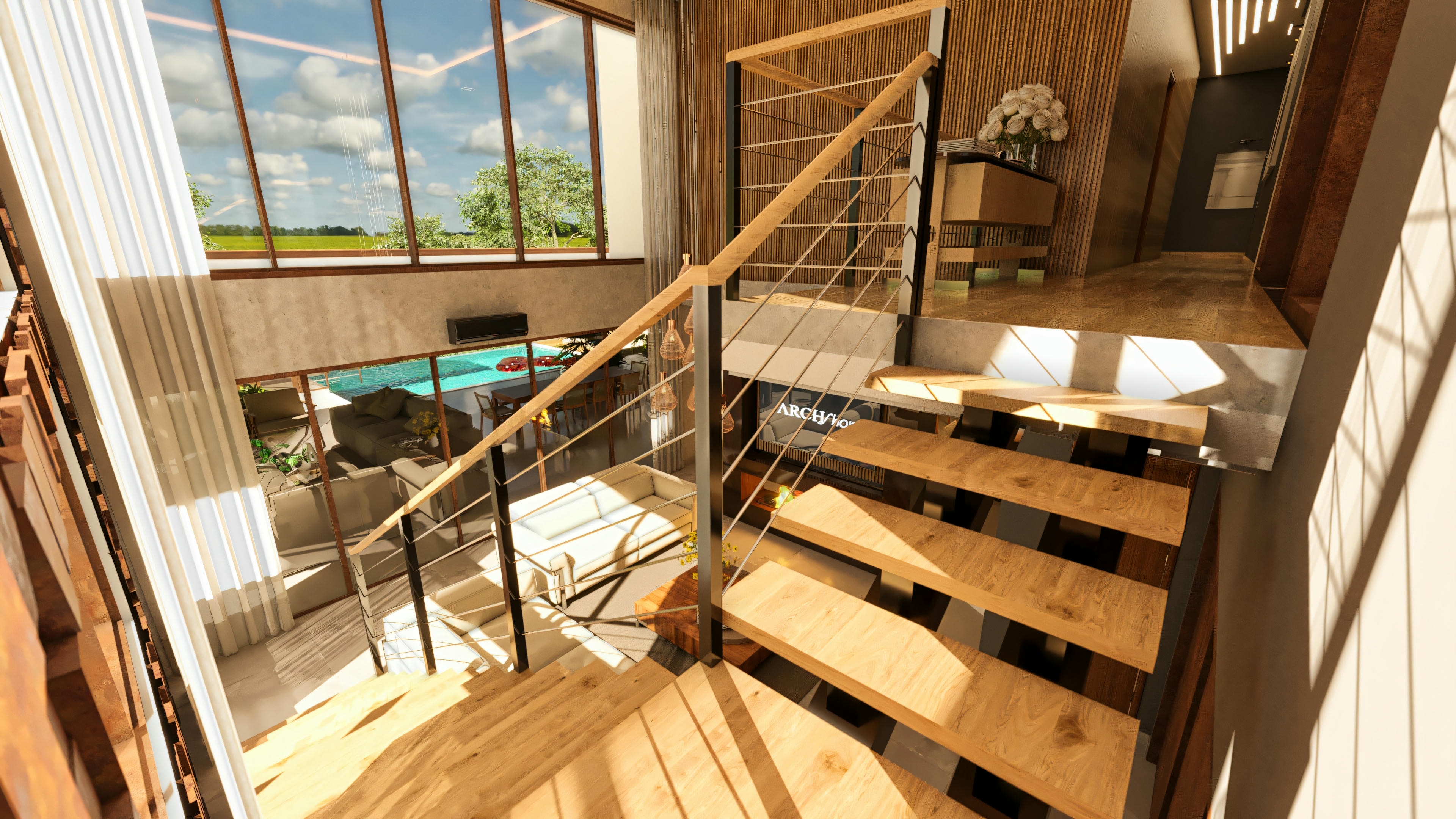 Vista desde lo alto de la escalera en casa de lujo con 4 suites, mostrando living con doble altura, amplia cristalera con vista panorámica a la piscina y área de ocio externa, y diseño de interiores moderno con uso de madera e iluminación natural.