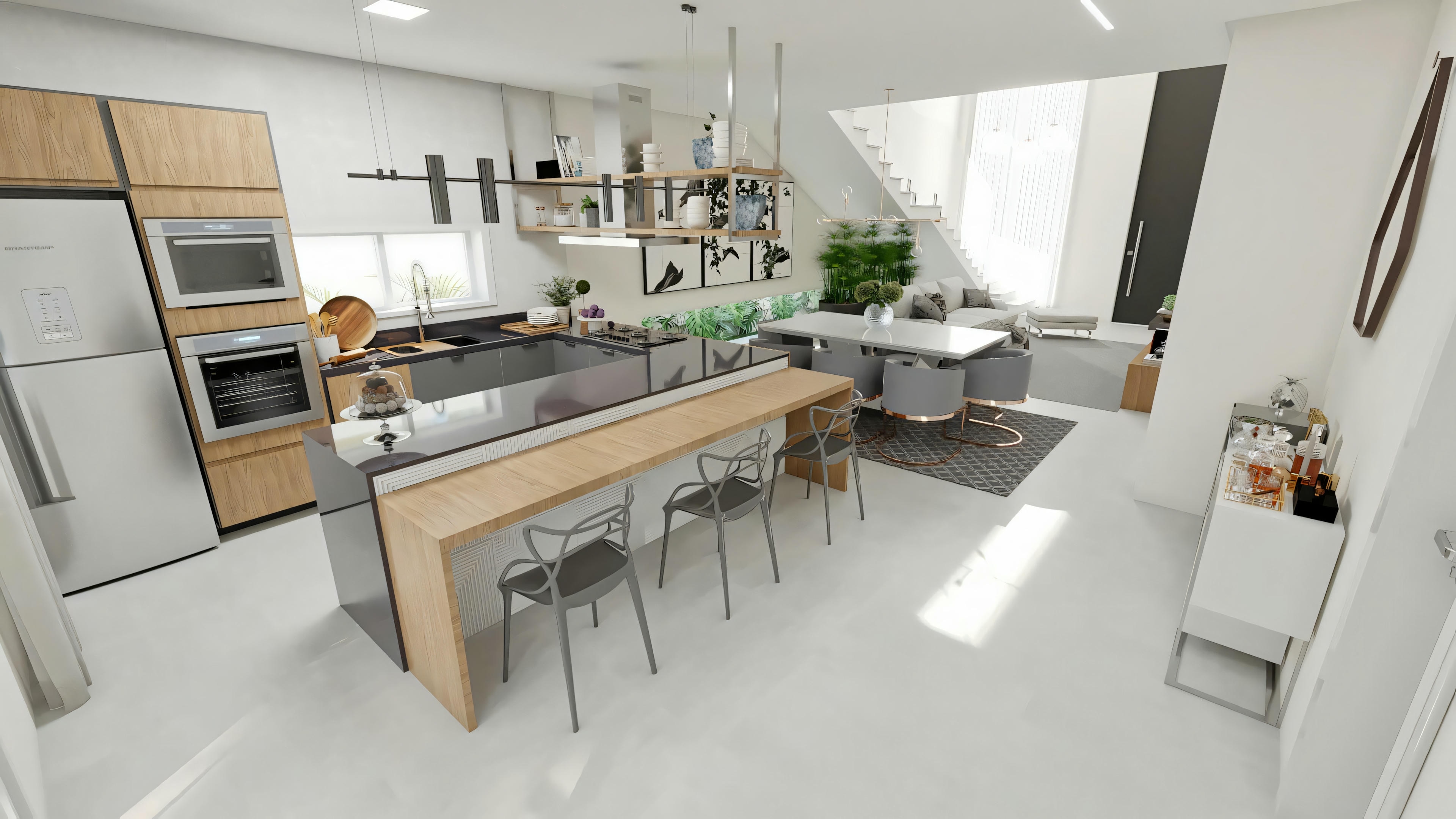 Projeto de casa com 3 quartos e piscina apresentando a área social integrada com cozinha americana, sala de jantar e sala de estar em conceito aberto. Projeto residencial Archshop.