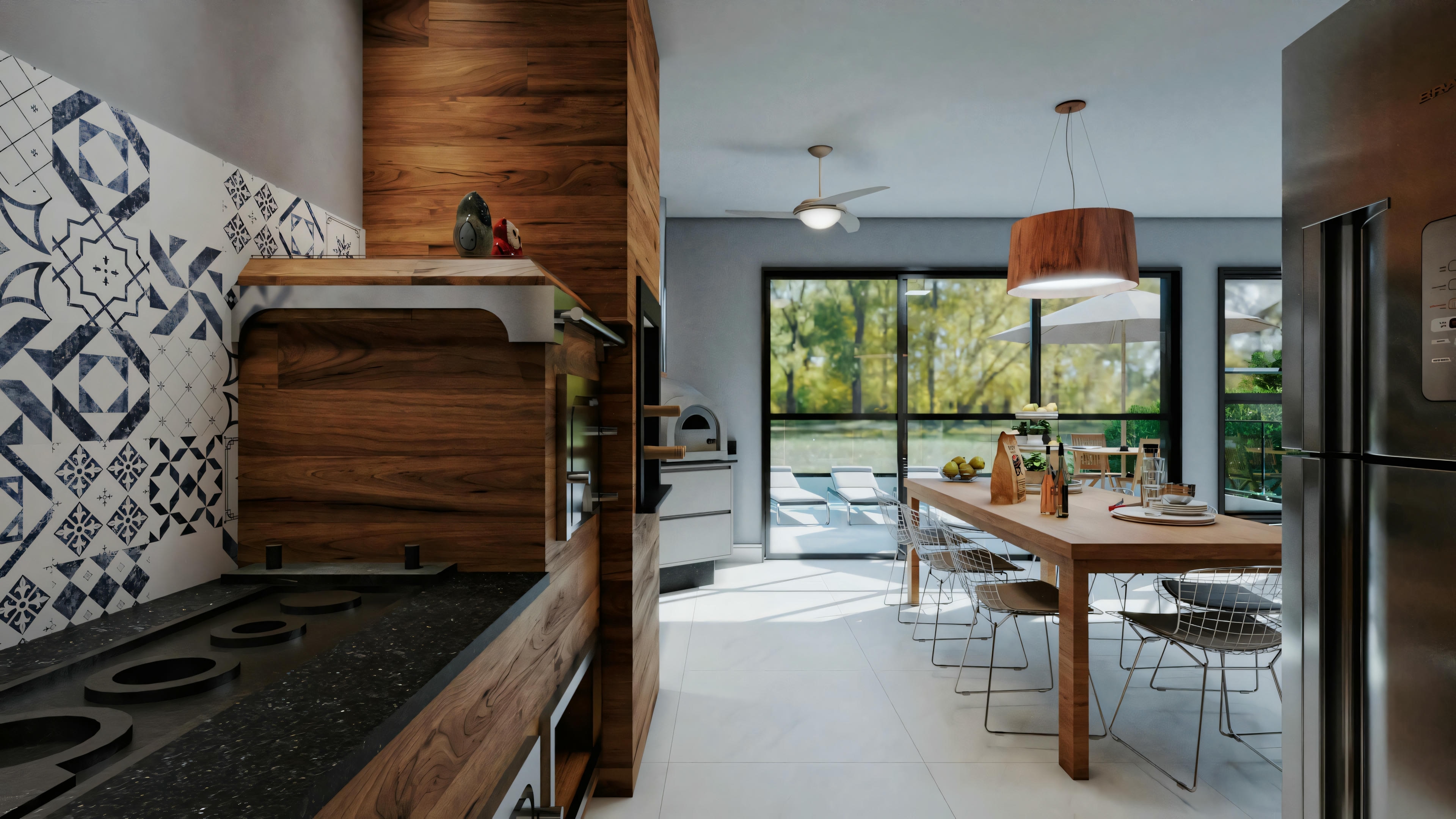 Balcony with wood flooring, seating, and plants.