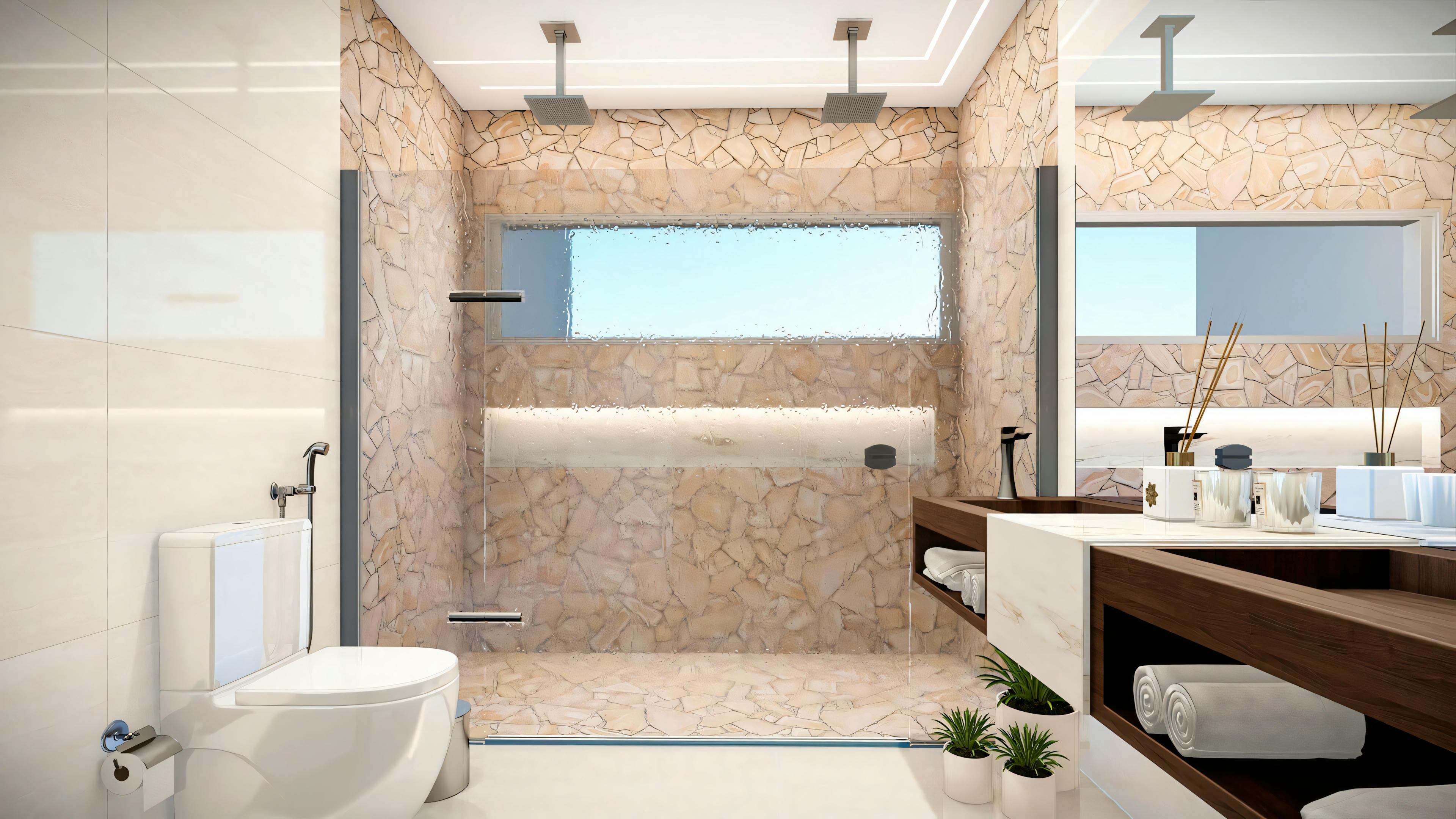 Um banheiro com uma banheira freestanding, pia dupla e uma grande janela com vista para o exterior.