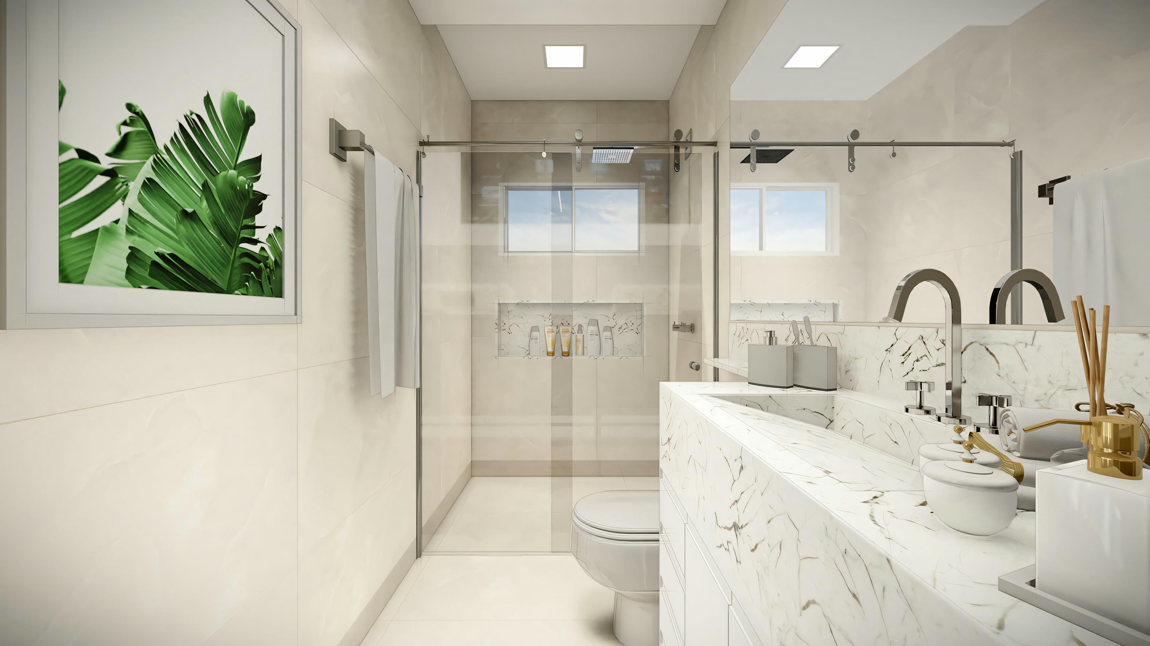 Un baño con paredes blancas, bañera exenta y mampara de ducha de cristal.